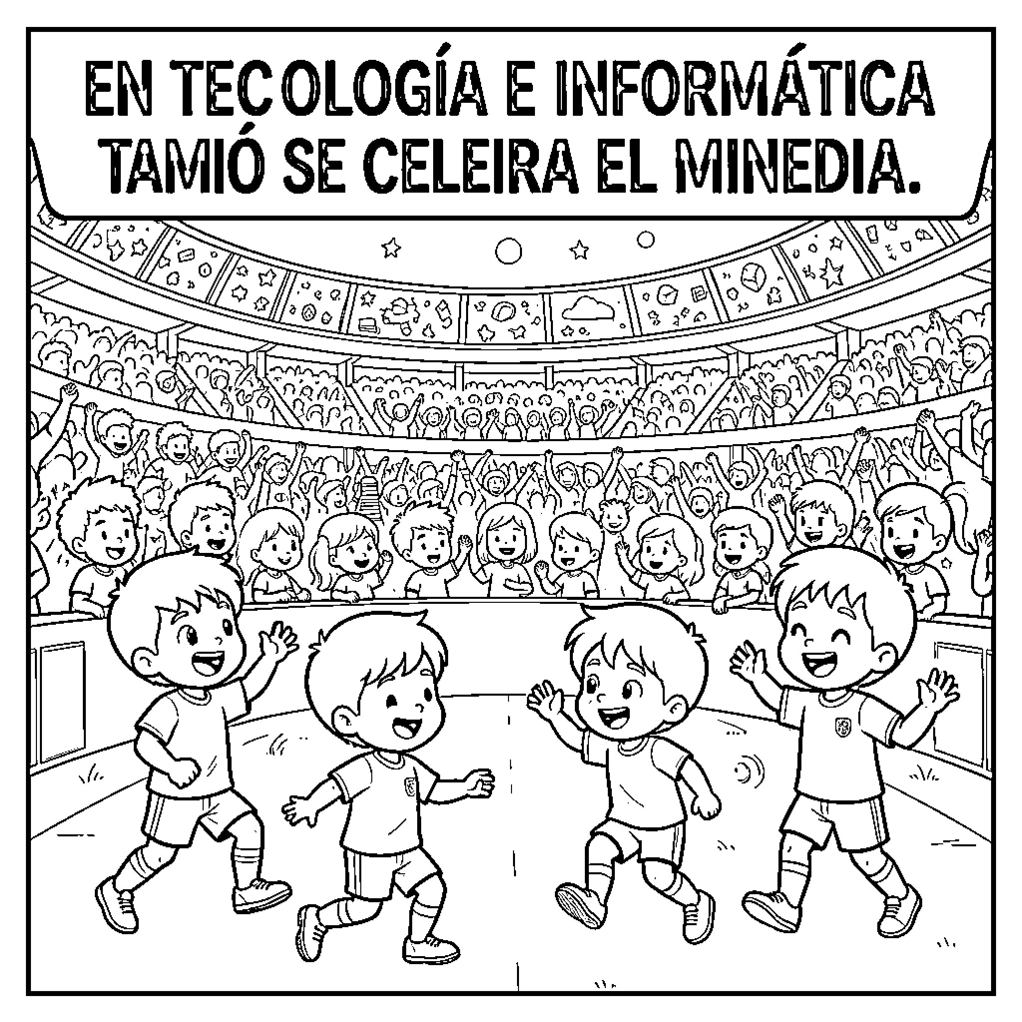 Niño celebrating joyfully with friends in a stadium Coloring Page (free black-and-white line drawing printable PDF for all, from beginners to advanced learners, including children, teens, adults, and seniors)