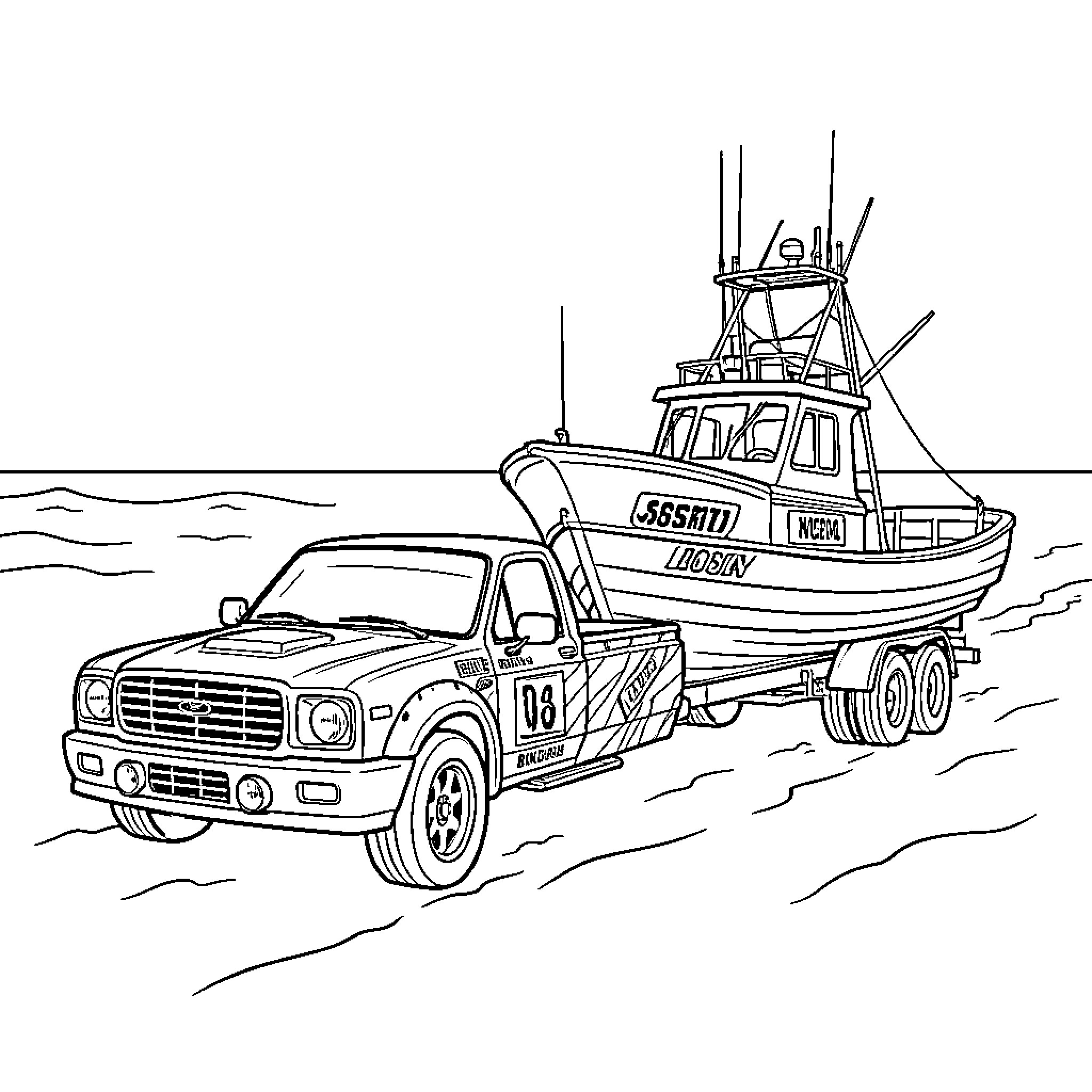 Pick Up Truck Towing a Large Fishing Boat Coloring Page (free black-and-white line drawing printable PDF for all, from beginners to advanced learners, including children, teens, adults, and seniors)