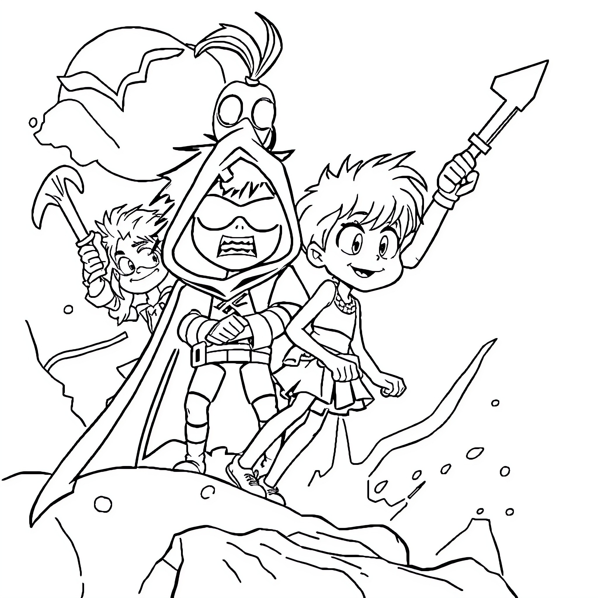 Anime heroes in an adventure scene Coloring Page (free black-and-white line drawing printable PDF for all, from beginners to advanced learners, including children, teens, adults, and seniors)