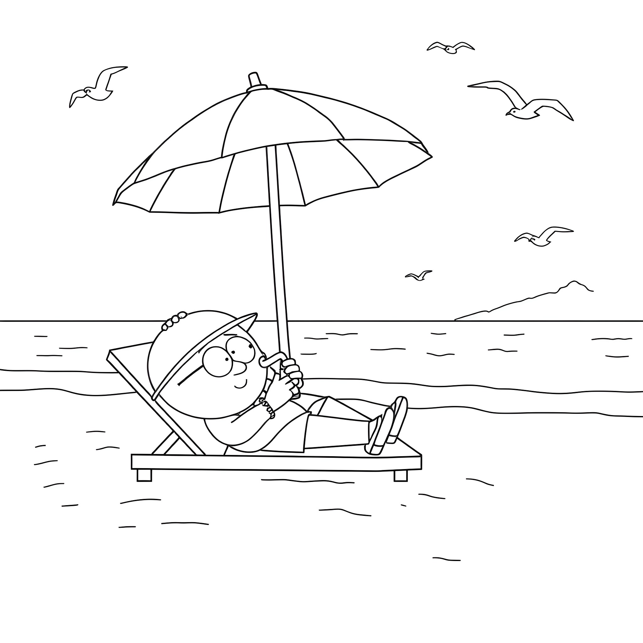 Kenny relaxing on the beach under the umbrella Coloring Page (free black-and-white line drawing printable PDF for all, from beginners to advanced learners, including children, teens, adults, and seniors)