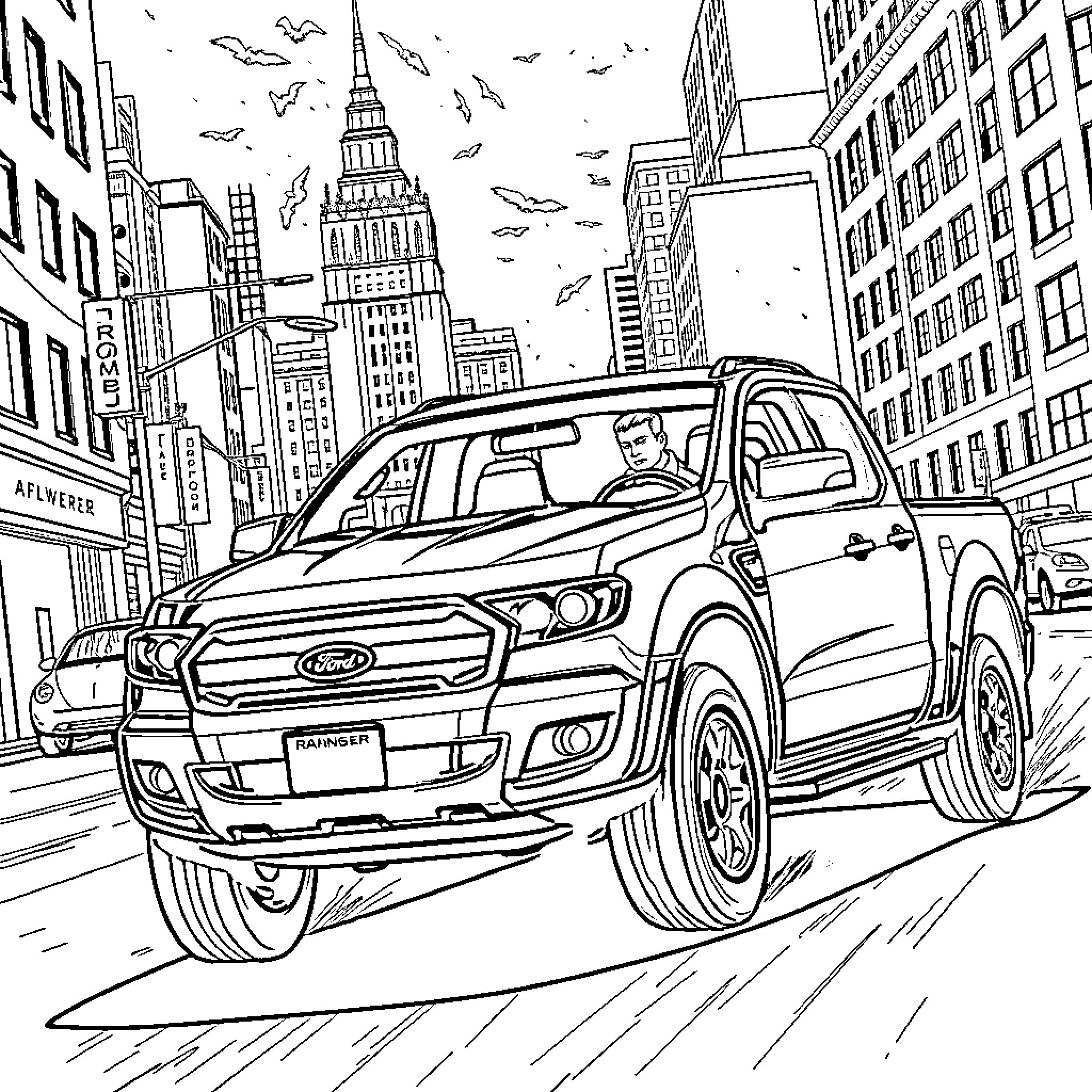 Batman's Pickup Truck Adventure in the City Coloring Page (free black-and-white line drawing printable PDF for all, from beginners to advanced learners, including children, teens, adults, and seniors)