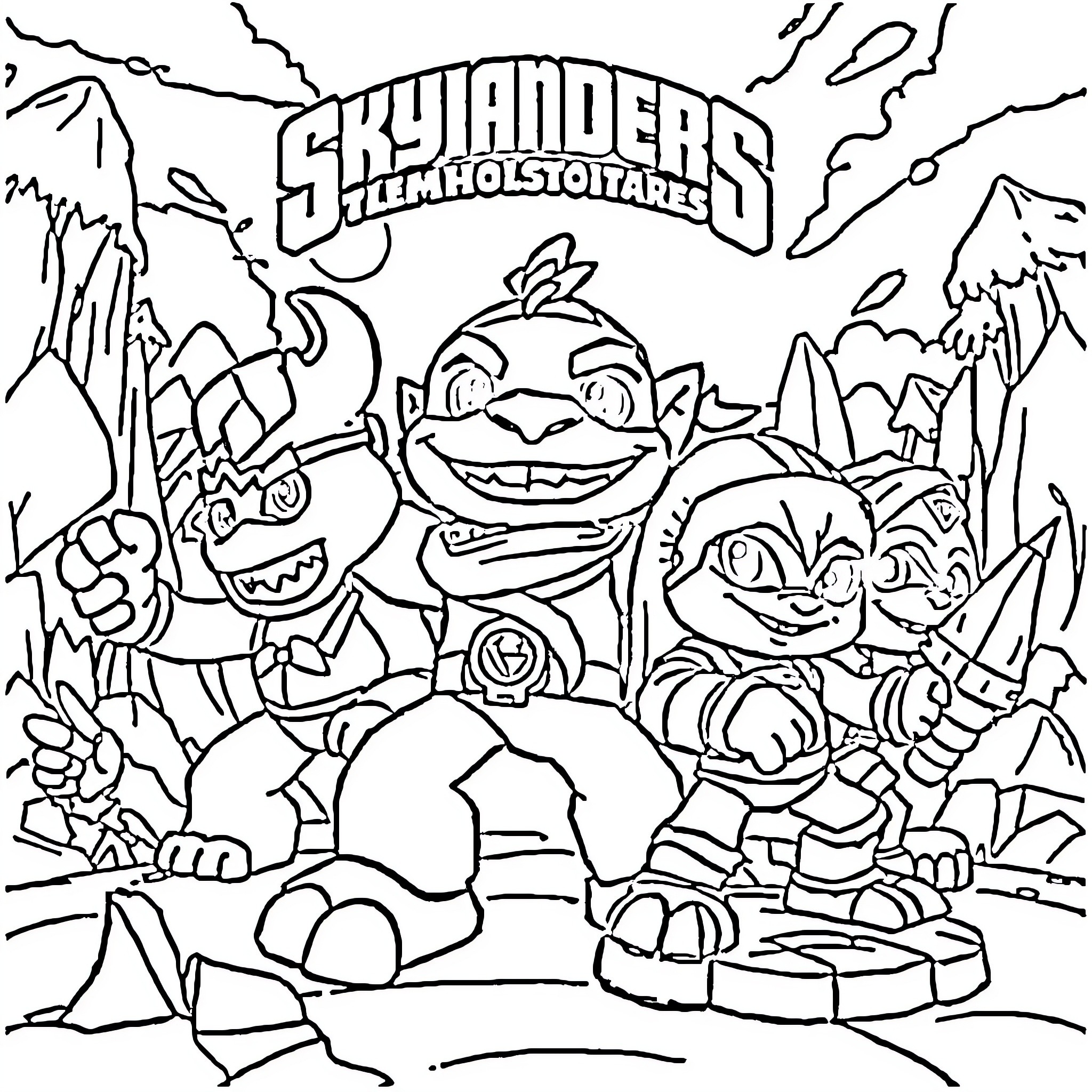 Skylanders: Adventurous characters in a fantasy world Coloring Page (free black-and-white line drawing printable PDF for all, from beginners to advanced learners, including children, teens, adults, and seniors)
