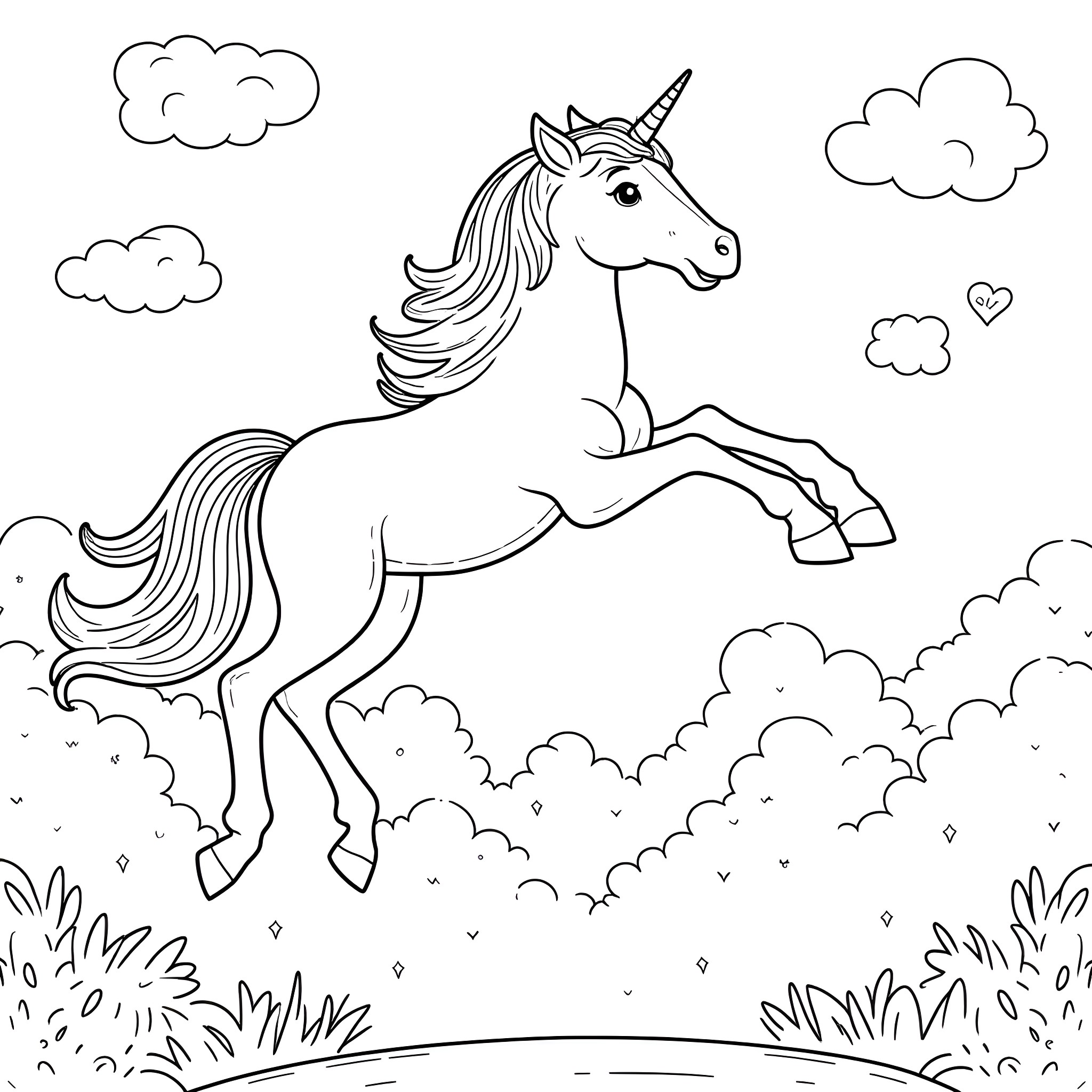 Unicorn prancing joyfully in a magical field Coloring Page (free black-and-white line drawing printable PDF for all, from beginners to advanced learners, including children, teens, adults, and seniors)