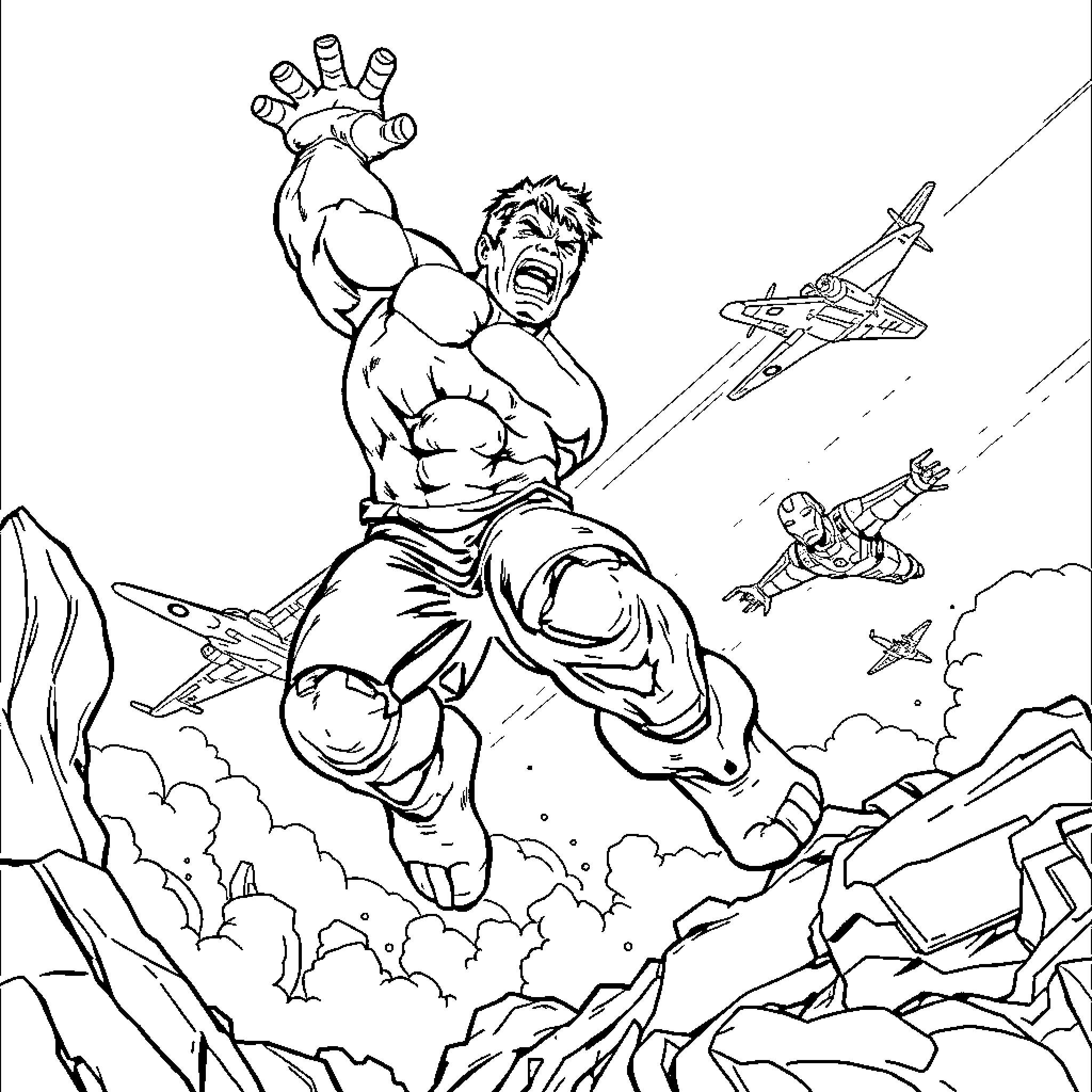 Hulk Unleashed in Epic Aerial Combat Coloring Page (free black-and-white line drawing printable PDF for all, from beginners to advanced learners, including children, teens, adults, and seniors)