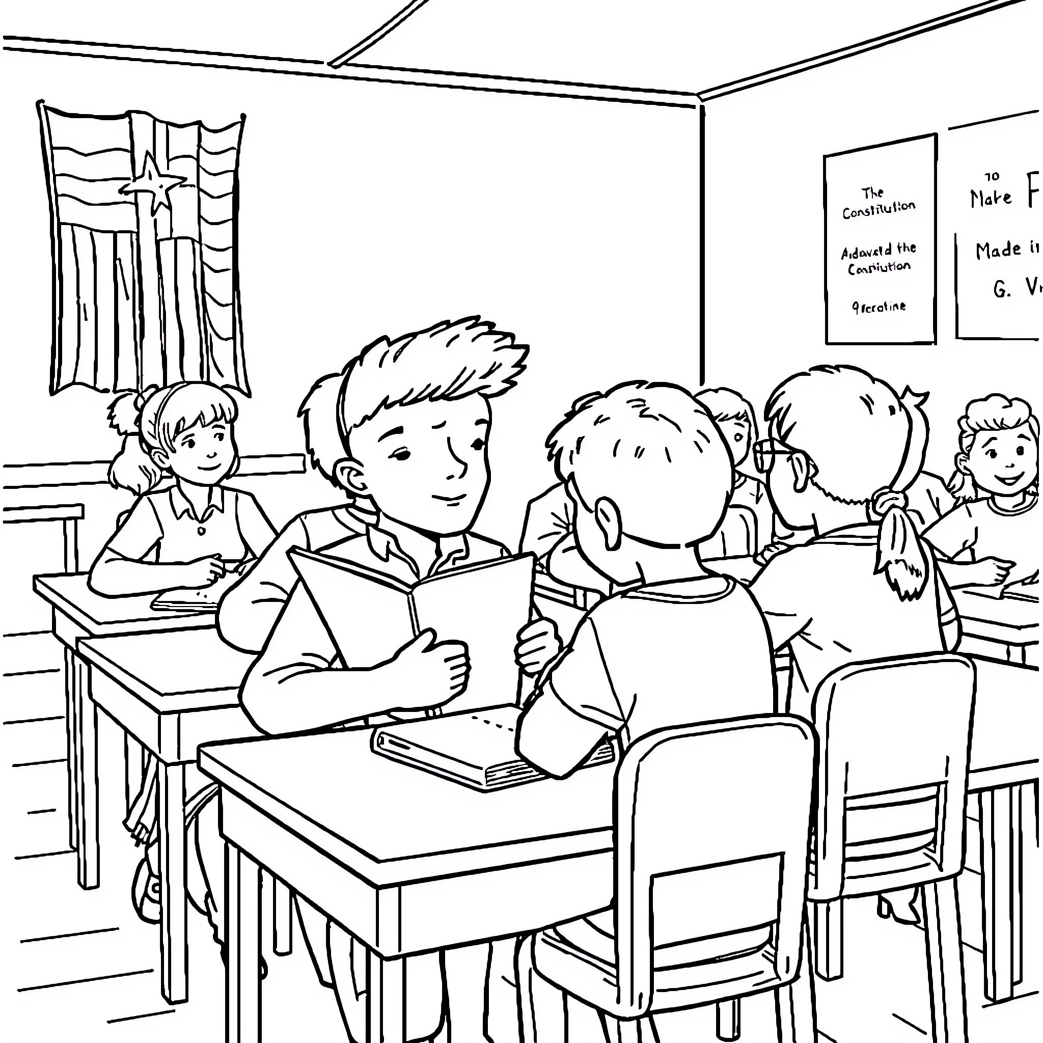 Constitution Classroom: Students Studying in School Coloring Page (free black-and-white line drawing printable PDF for all, from beginners to advanced learners, including children, teens, adults, and seniors)