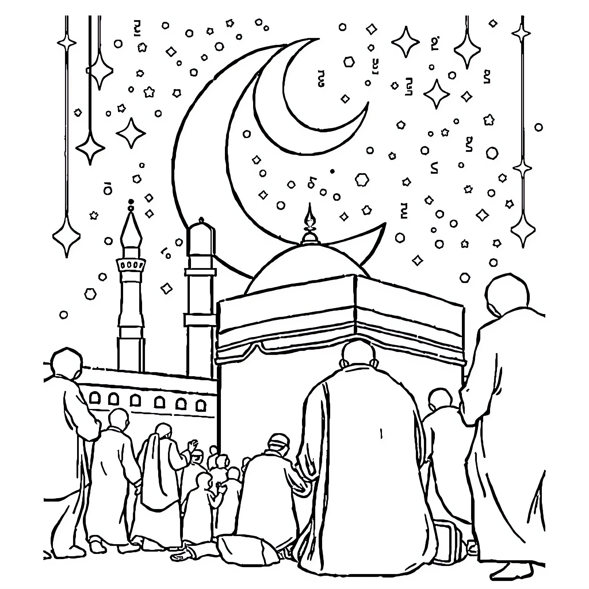 Muharram devotional gathering at night Coloring Page (free black-and-white line drawing printable PDF for all, from beginners to advanced learners, including children, teens, adults, and seniors)