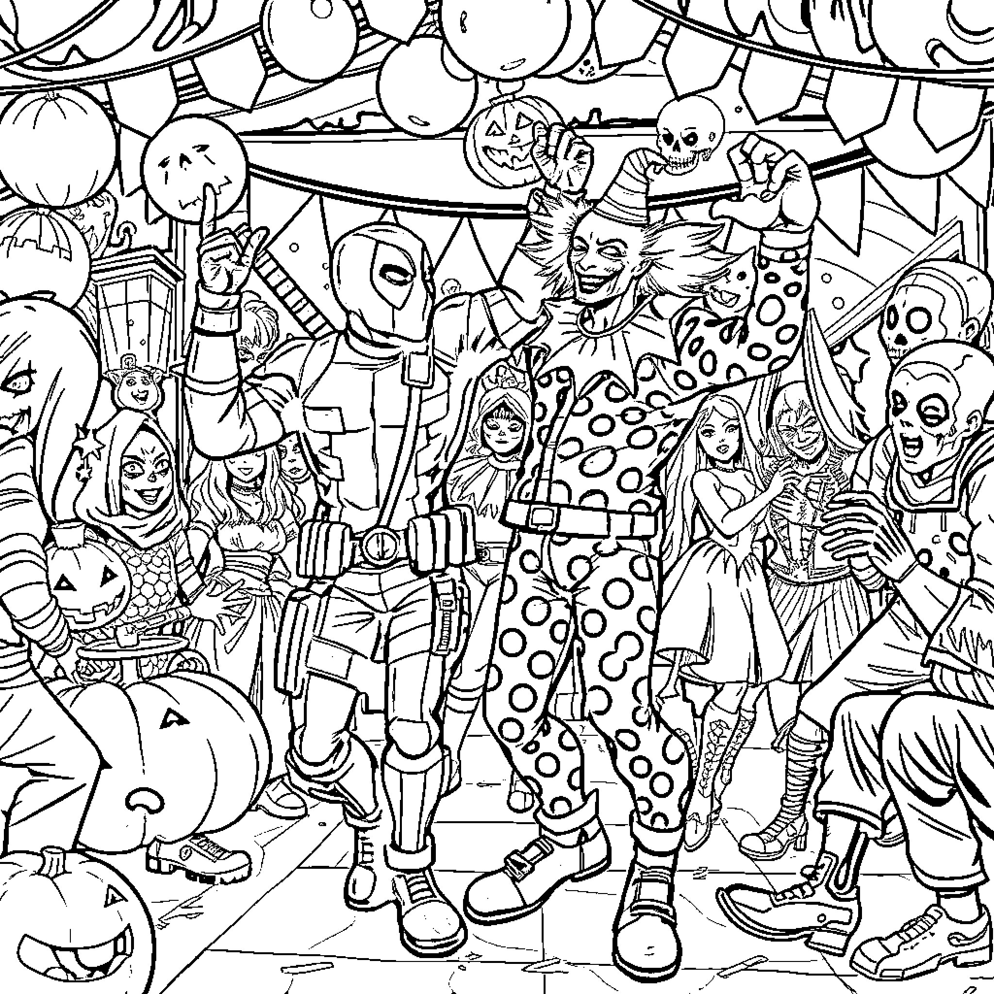 Deadpool and friends celebrate a wild Halloween party Coloring Page (free black-and-white line drawing printable PDF for all, from beginners to advanced learners, including children, teens, adults, and seniors)