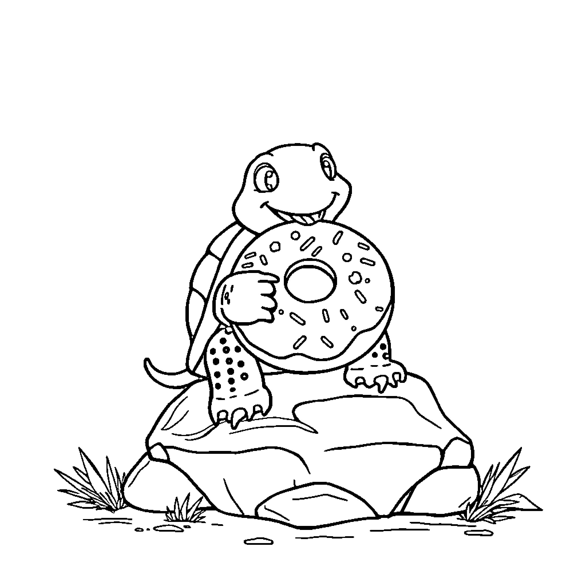 Turtle enjoying a tasty donut on a rock Coloring Page (free black-and-white line drawing printable PDF for all, from beginners to advanced learners, including children, teens, adults, and seniors)