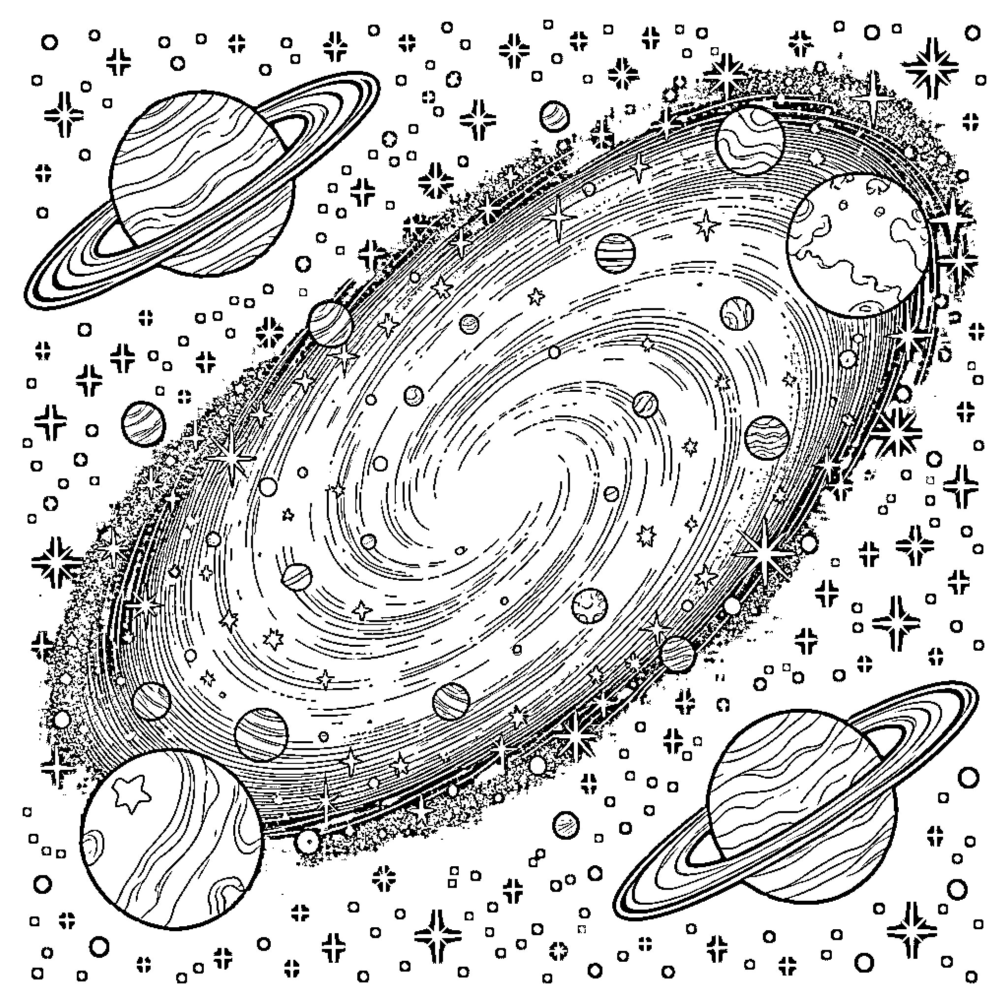 Galaxy of Whimsical Cosmic Wonders Coloring Page (free black-and-white line drawing printable PDF for all, from beginners to advanced learners, including children, teens, adults, and seniors)