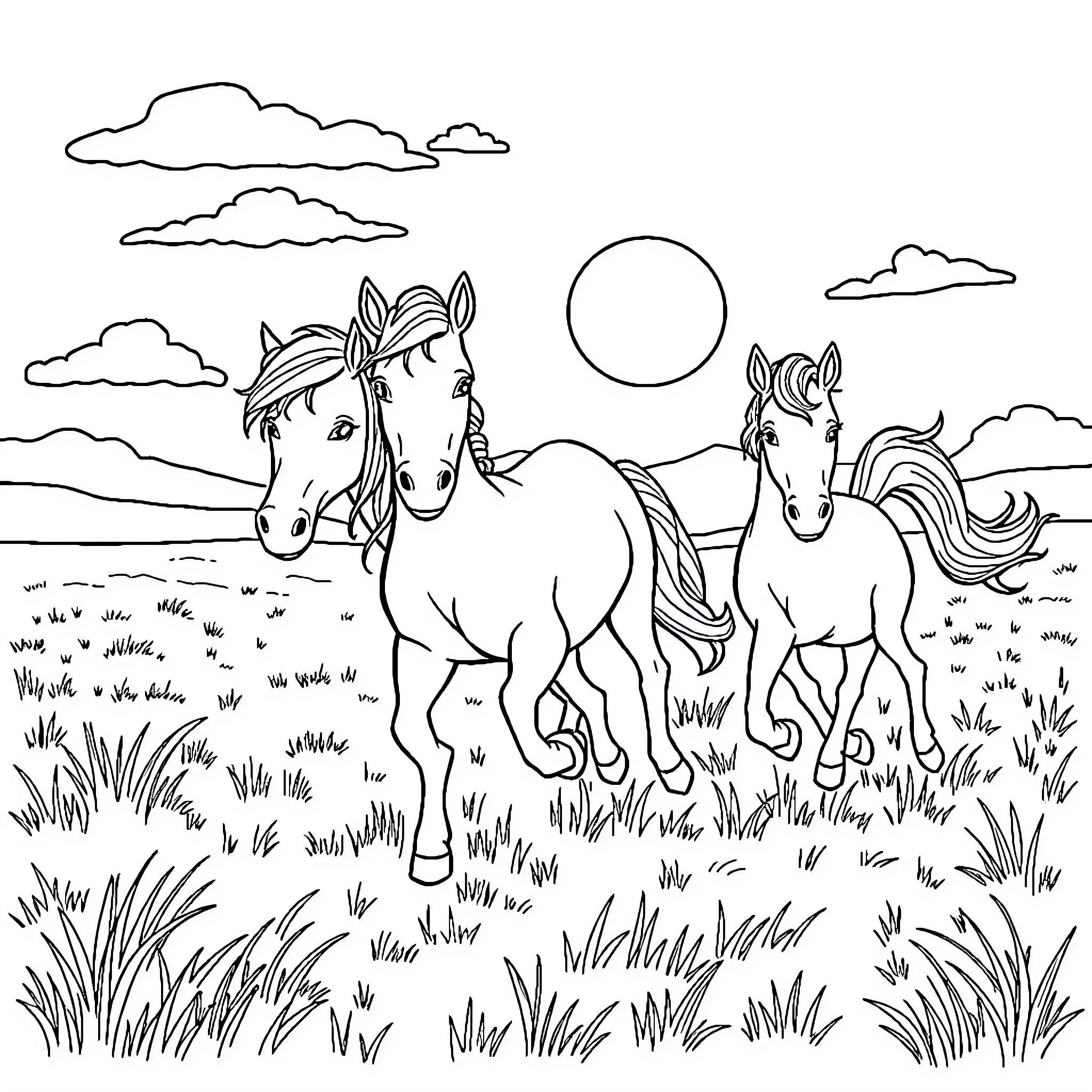 Pony friends exploring the countryside Coloring Page (free black-and-white line drawing printable PDF for all, from beginners to advanced learners, including children, teens, adults, and seniors)