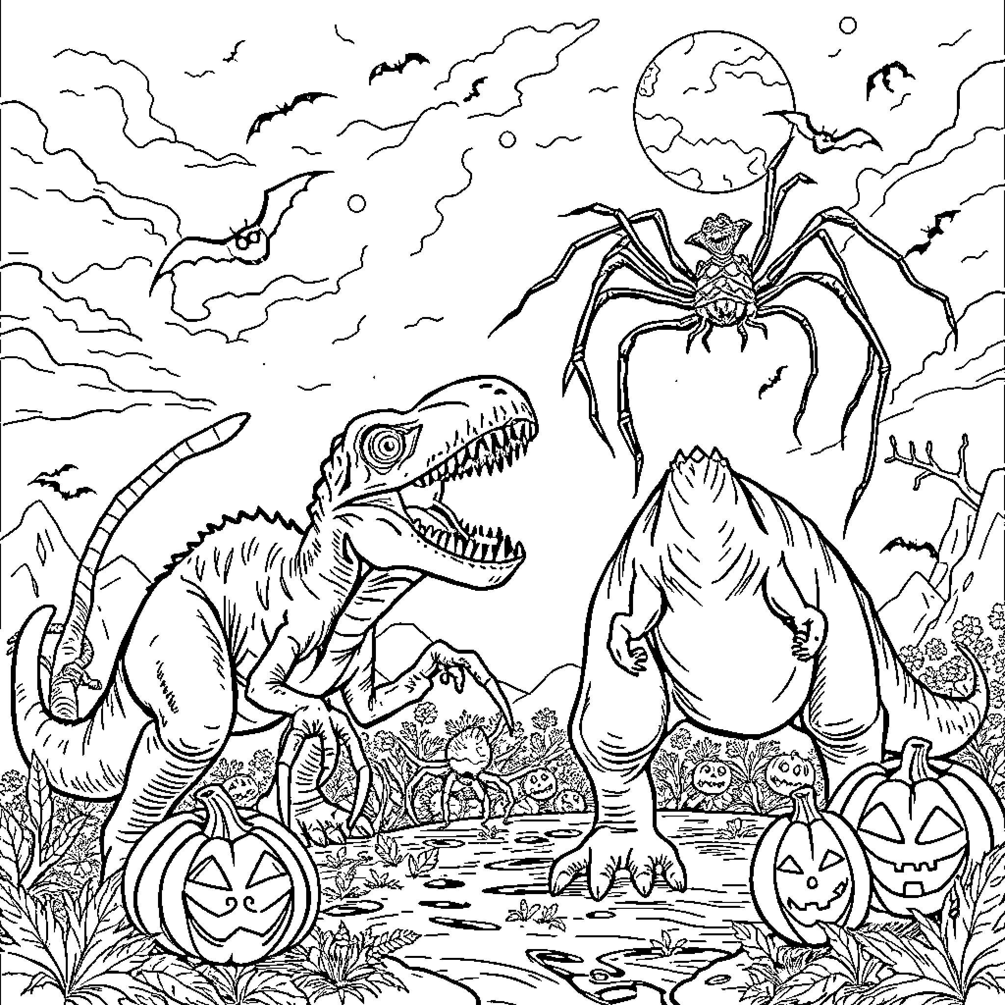 Dinosaur Encounter in Spooky Halloween Landscape Coloring Page (free black-and-white line drawing printable PDF for all, from beginners to advanced learners, including children, teens, adults, and seniors)
