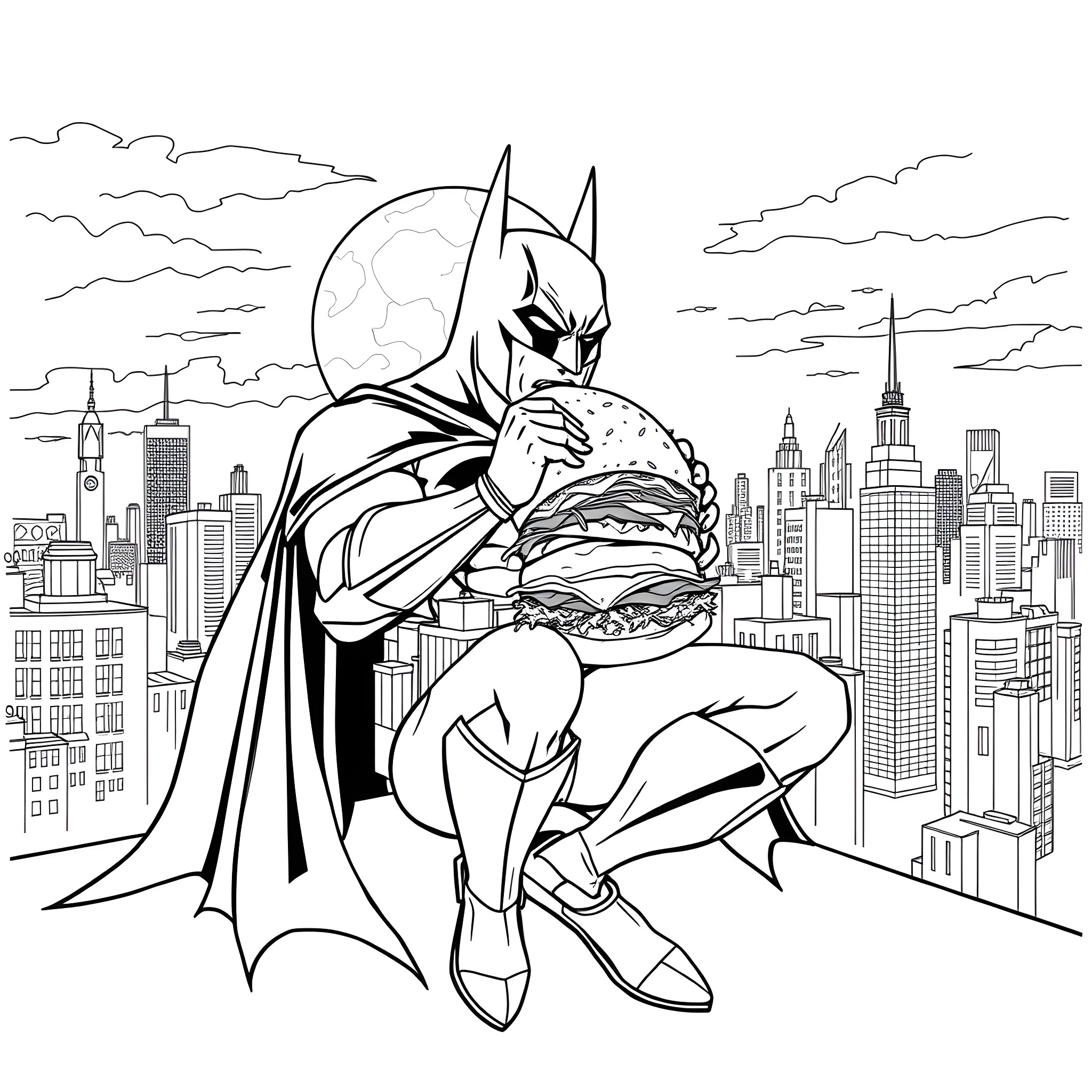 Batman Enjoying a Hearty Meal in the City Coloring Page (free black-and-white line drawing printable PDF for all, from beginners to advanced learners, including children, teens, adults, and seniors)