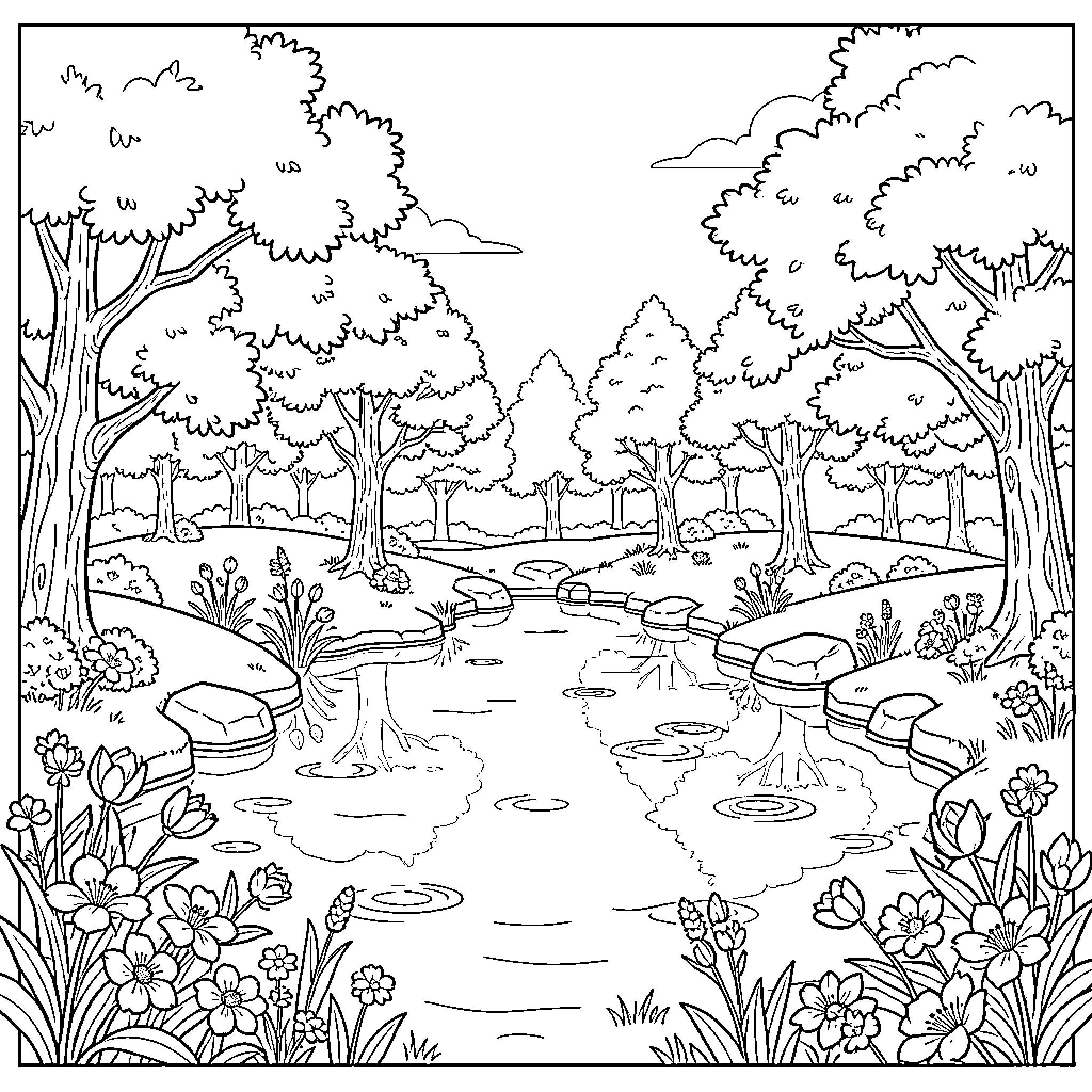 Japanese Landscape with Peaceful Forest Stream Coloring Page (free black-and-white line drawing printable PDF for all, from beginners to advanced learners, including children, teens, adults, and seniors)