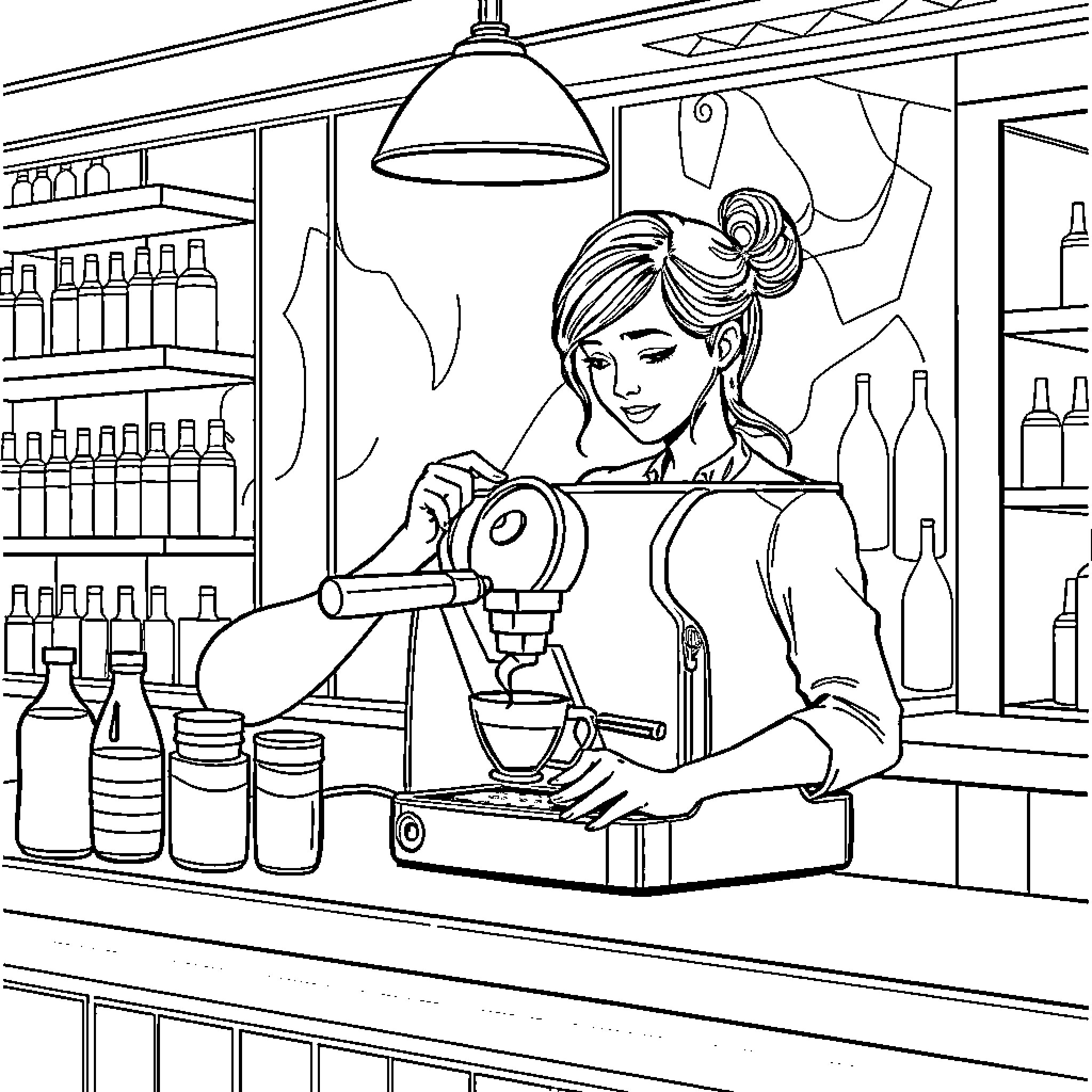 Barista serving drinks in a cozy cafe Coloring Page (free black-and-white line drawing printable PDF for all, from beginners to advanced learners, including children, teens, adults, and seniors)