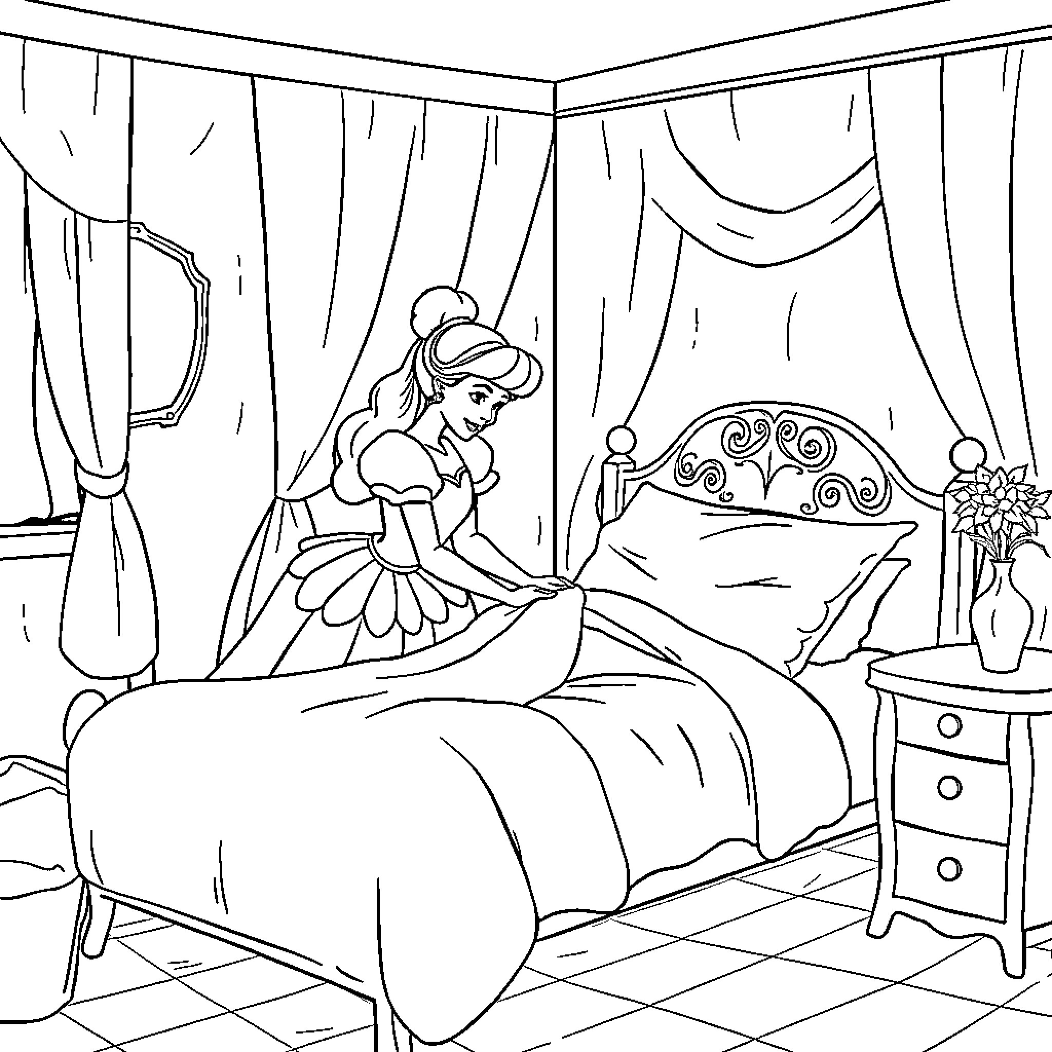 Cinderella preparing for a special event in her bedroom Coloring Page (free black-and-white line drawing printable PDF for all, from beginners to advanced learners, including children, teens, adults, and seniors)