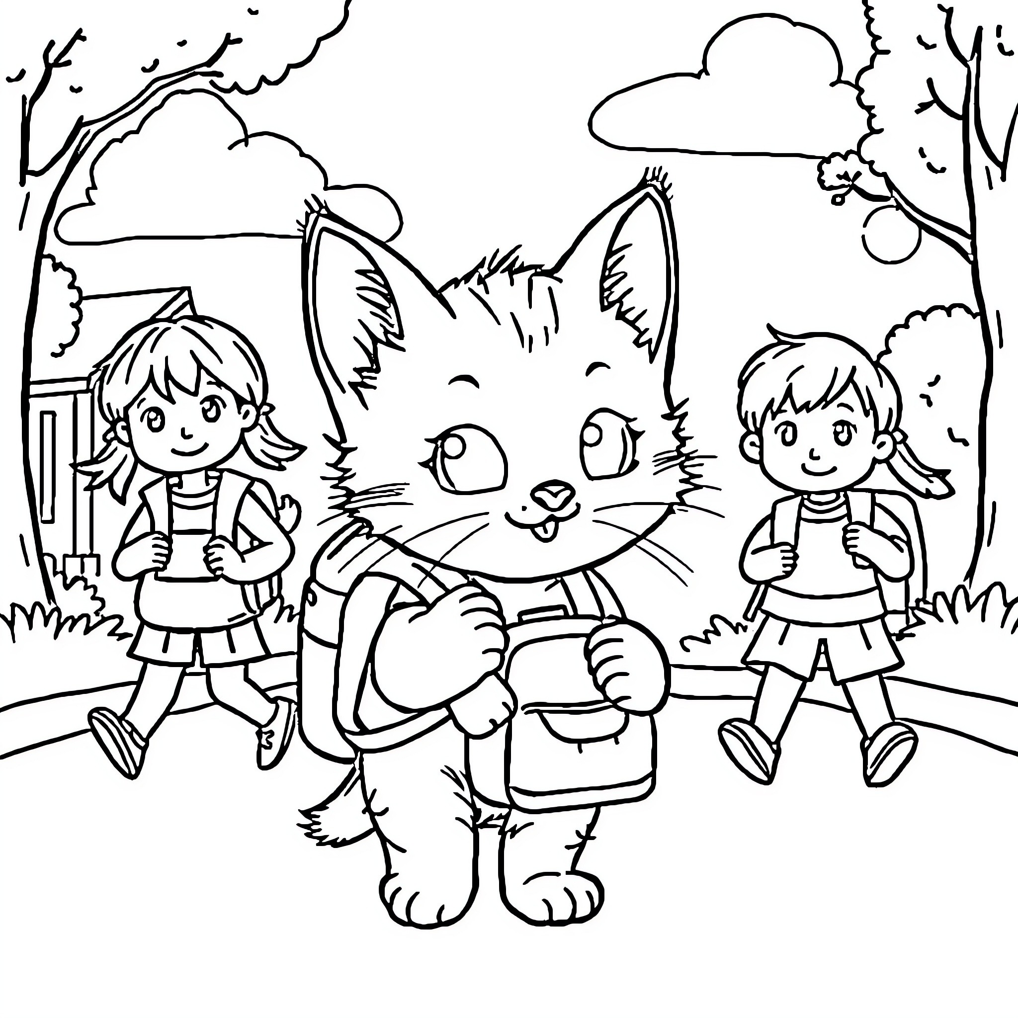Kitten Exploring with Children in the Countryside Coloring Page (free black-and-white line drawing printable PDF for all, from beginners to advanced learners, including children, teens, adults, and seniors)