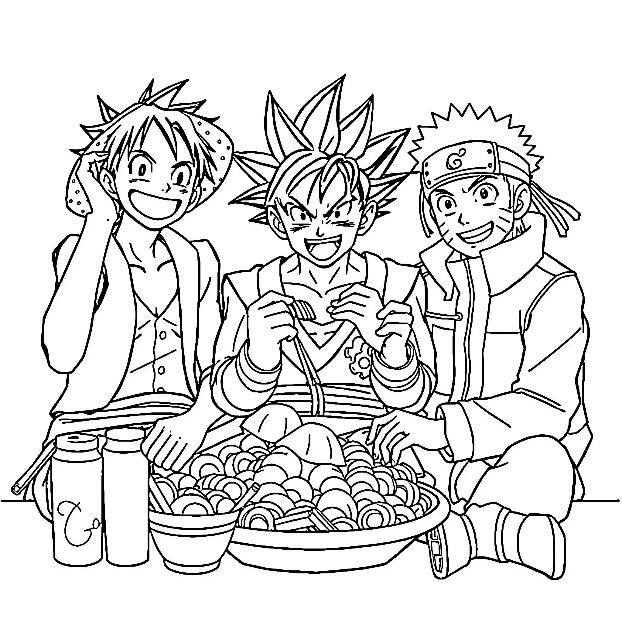 Luffy and friends enjoying a hearty meal together Coloring Page (free black-and-white line drawing printable PDF for all, from beginners to advanced learners, including children, teens, adults, and seniors)