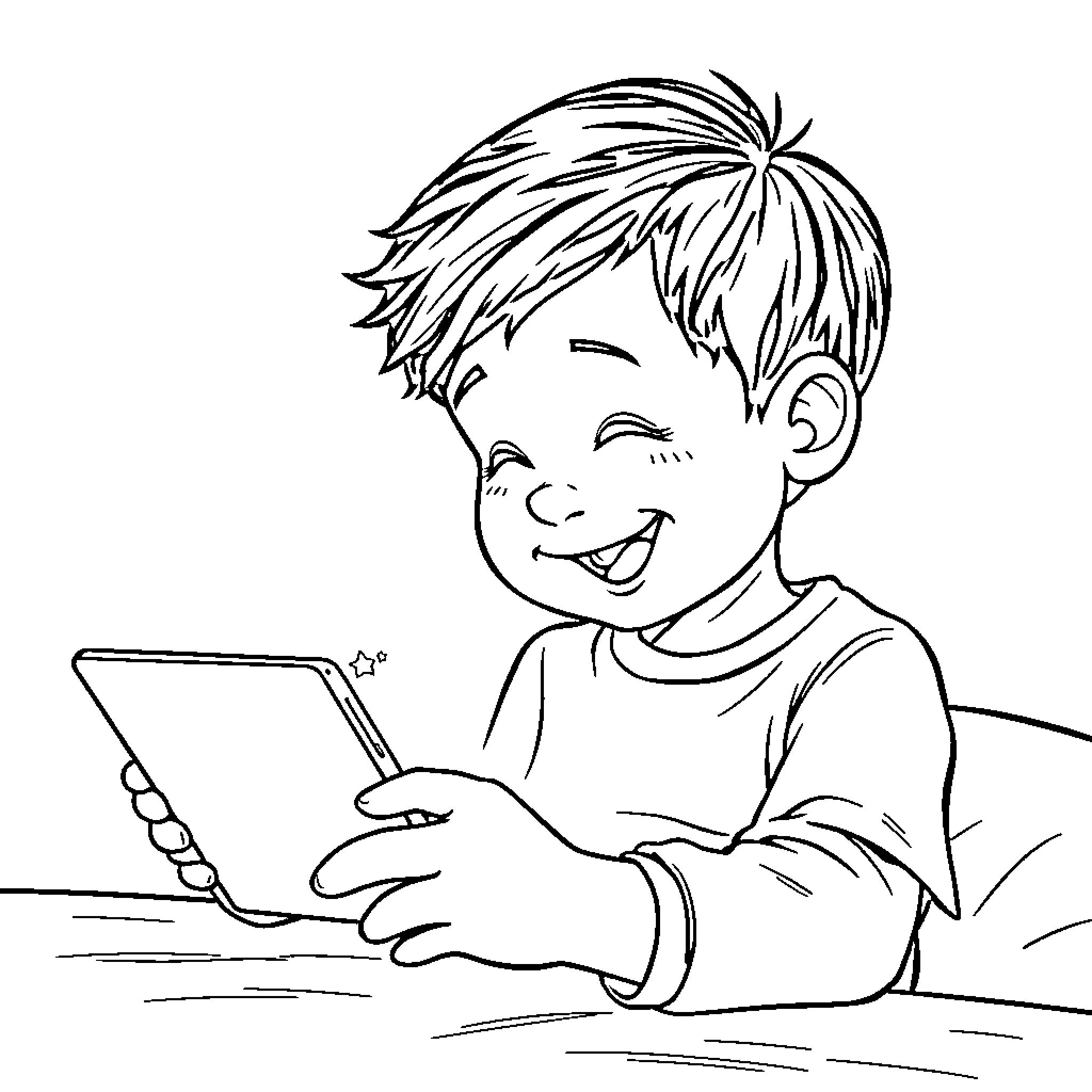 Boy happily using digital device Coloring Page (free black-and-white line drawing printable PDF for all, from beginners to advanced learners, including children, teens, adults, and seniors)