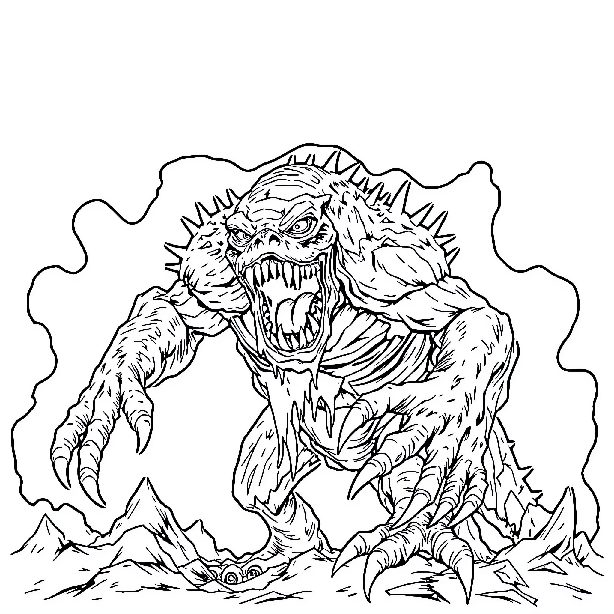 Monster Creature Attacking from the Shadows Coloring Page (free black-and-white line drawing printable PDF for all, from beginners to advanced learners, including children, teens, adults, and seniors)