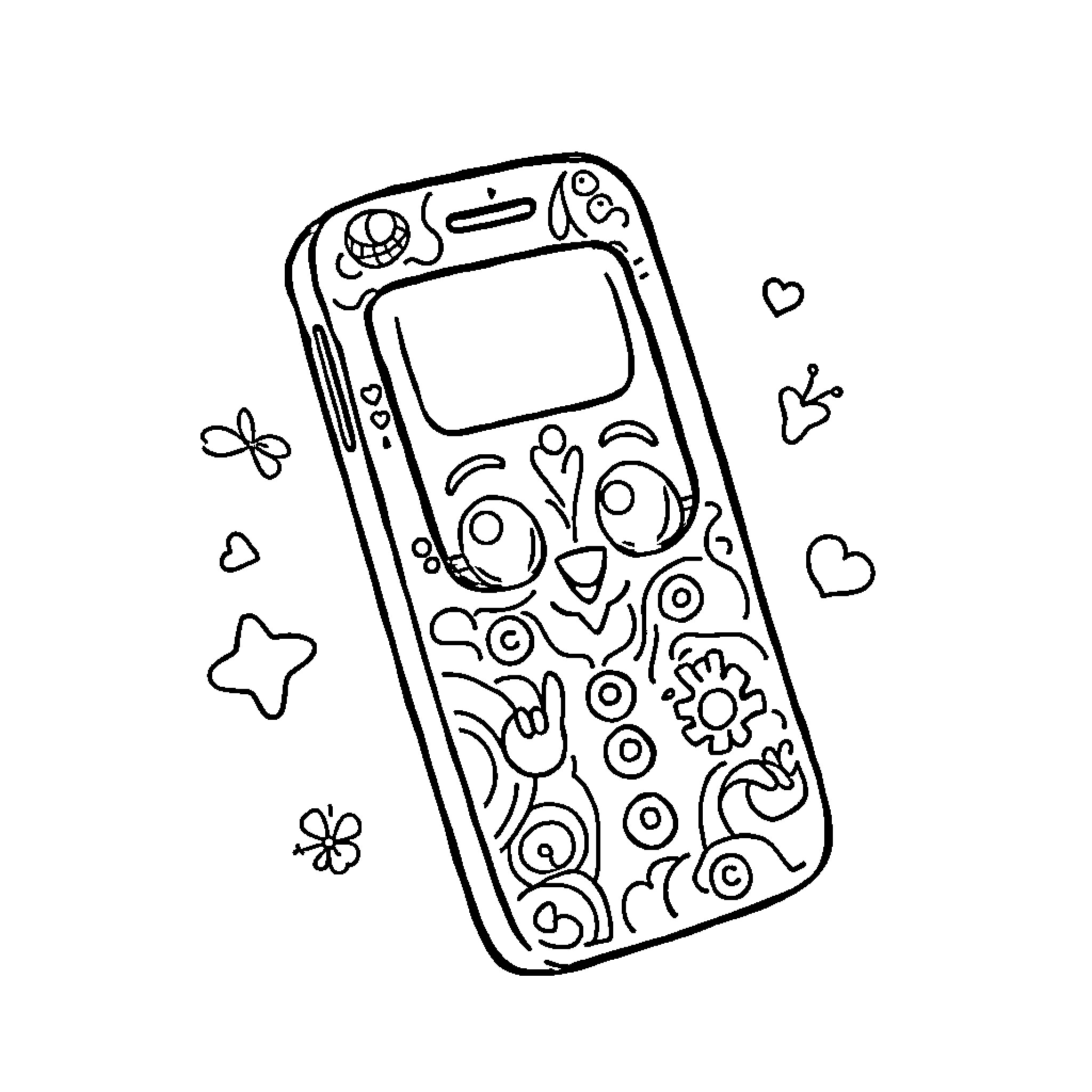 Phone with whimsical doodles and designs Coloring Page (free black-and-white line drawing printable PDF for all, from beginners to advanced learners, including children, teens, adults, and seniors)