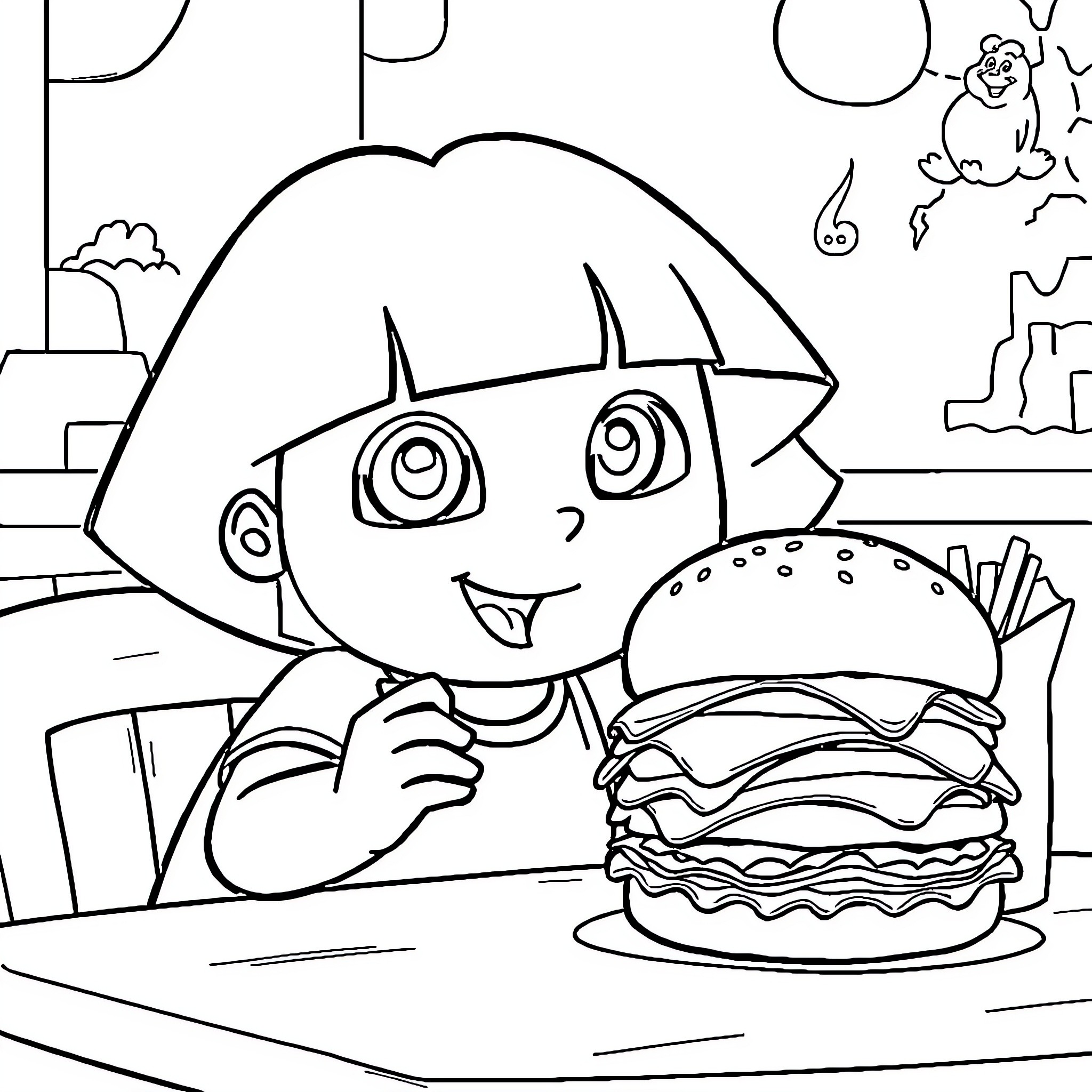 Dora enjoying a delightful burger Coloring Page (free black-and-white line drawing printable PDF for all, from beginners to advanced learners, including children, teens, adults, and seniors)
