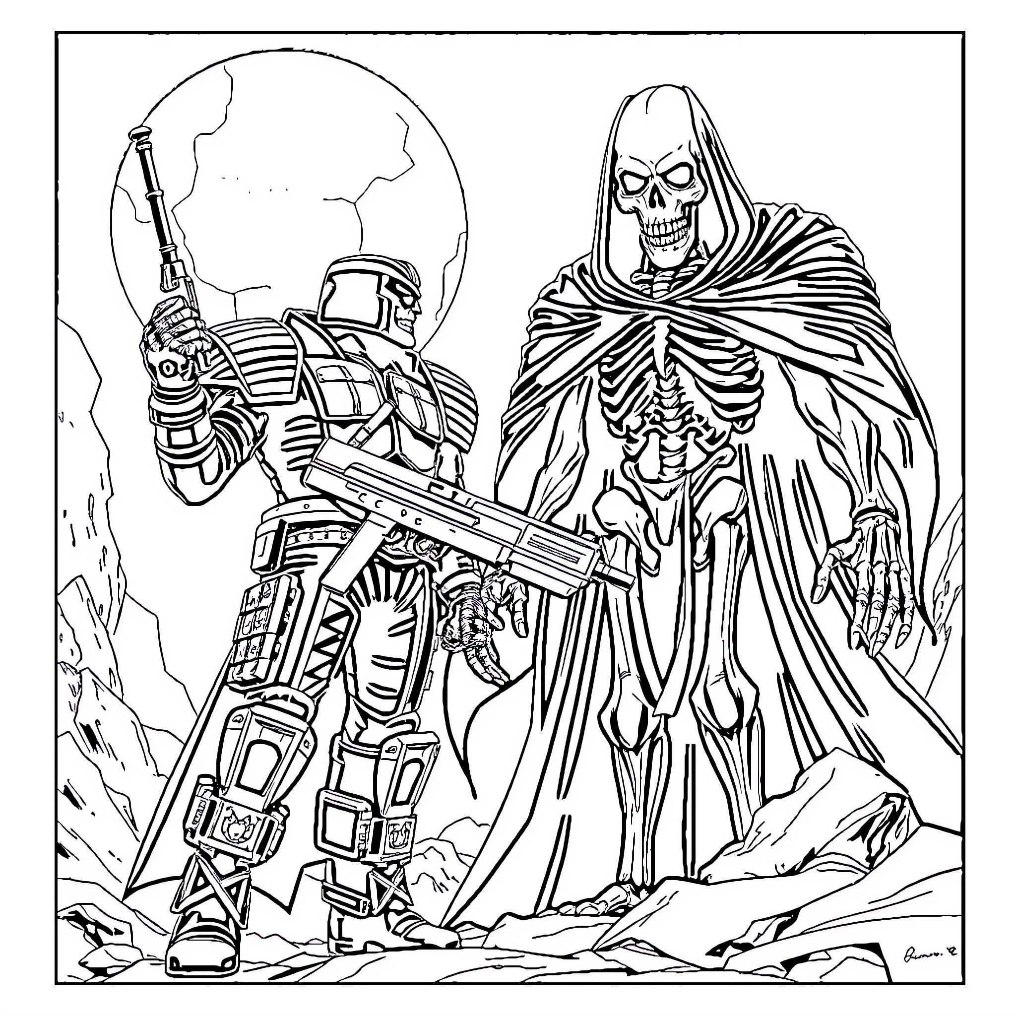 Judge Dredd confronting a skeletal figure in a post-apocalyptic landscape Coloring Page (free black-and-white line drawing printable PDF for all, from beginners to advanced learners, including children, teens, adults, and seniors)