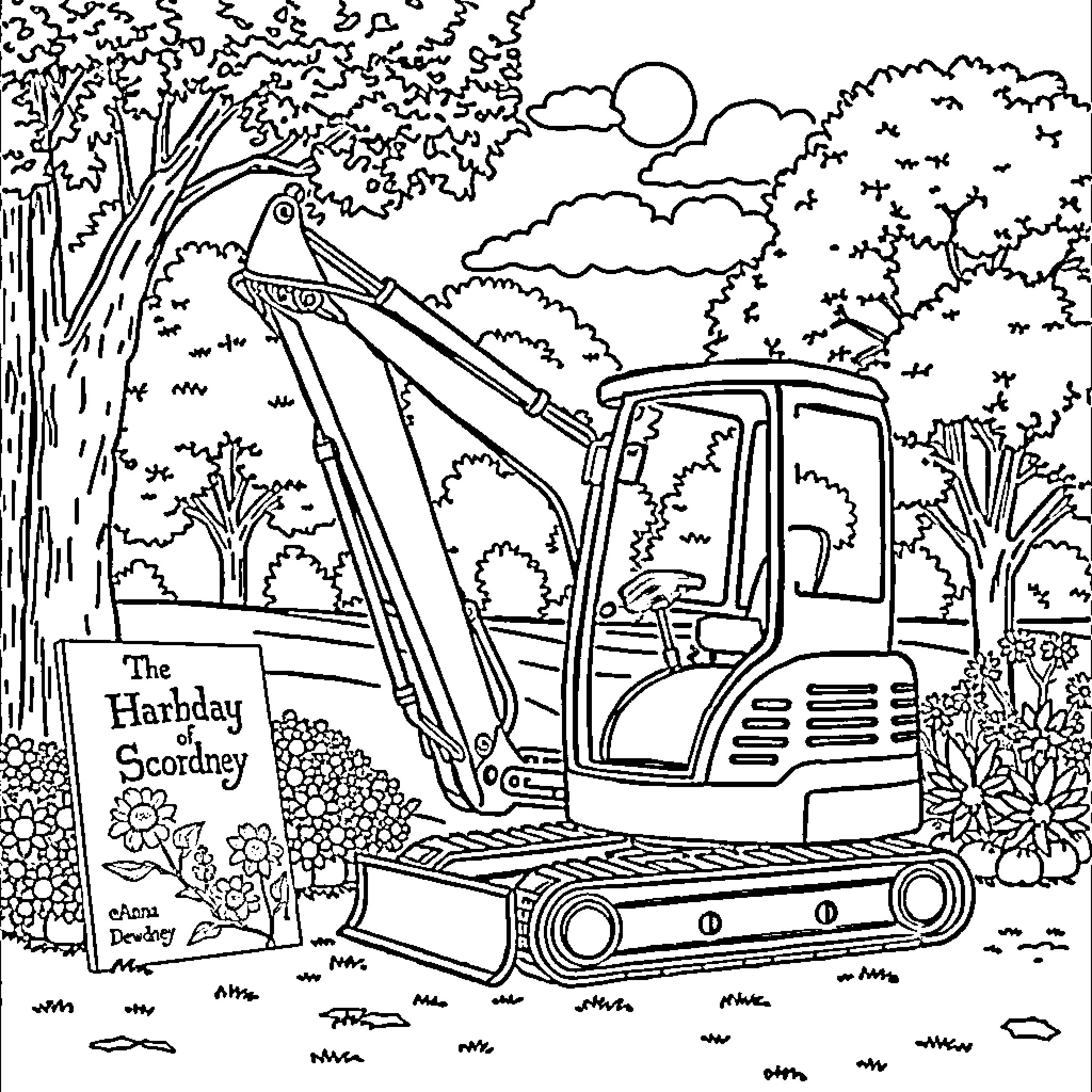 Excavator working in lush outdoor landscape Coloring Page (free black-and-white line drawing printable PDF for all, from beginners to advanced learners, including children, teens, adults, and seniors)