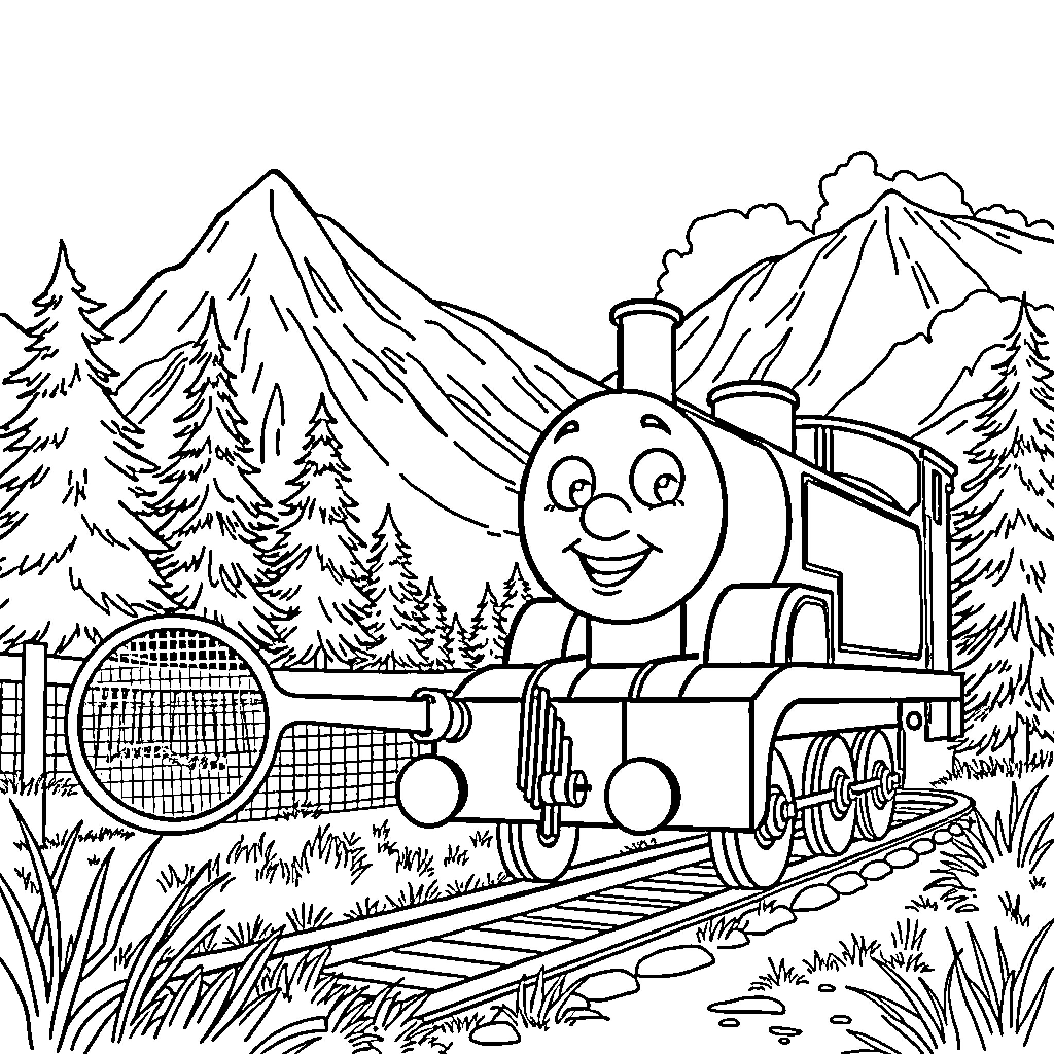 Thomas the Train exploring the scenic mountain landscape Coloring Page (free black-and-white line drawing printable PDF for all, from beginners to advanced learners, including children, teens, adults, and seniors)