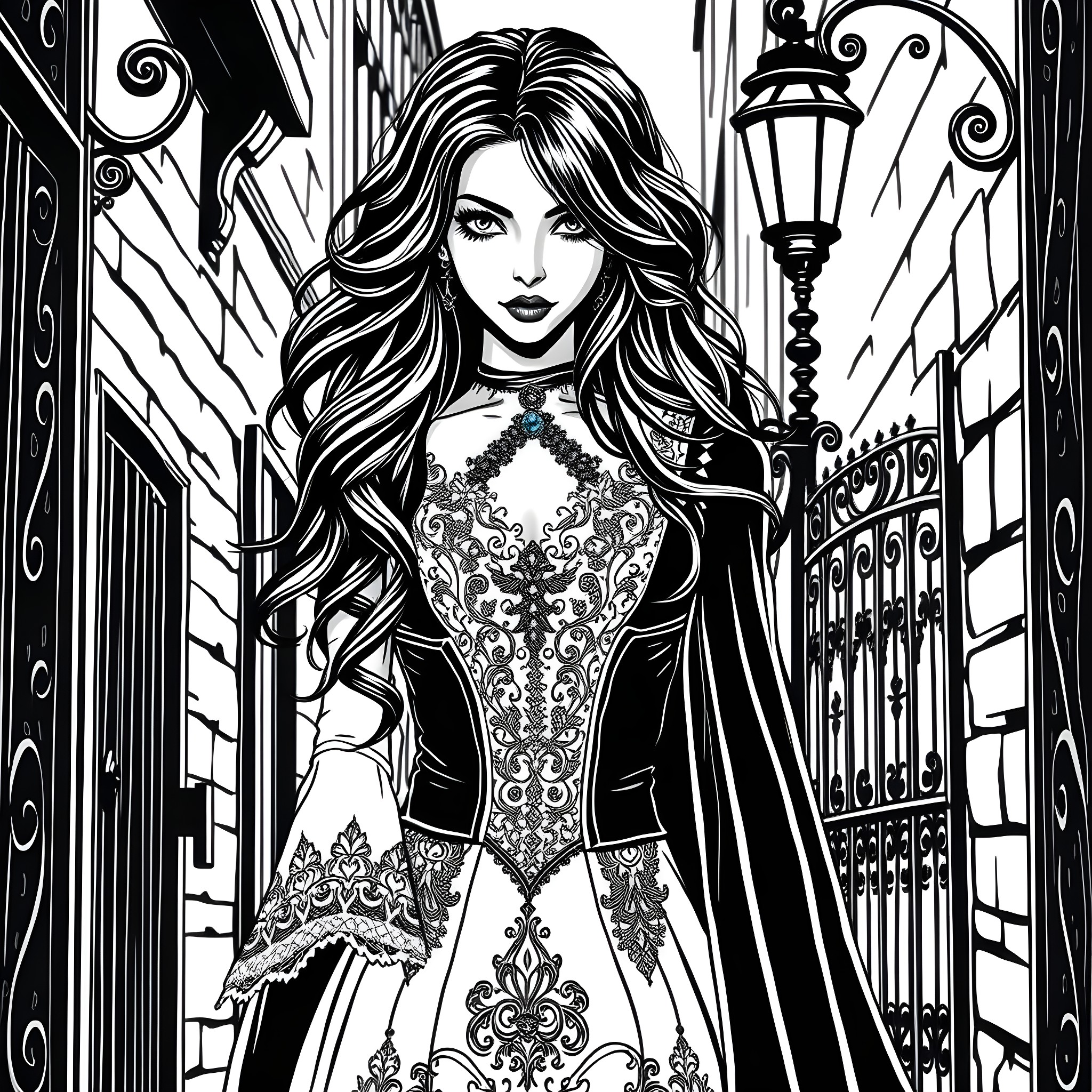 Woman in ornate, gothic-inspired dress walking down a dark alleyway Coloring Page (free black-and-white line drawing printable PDF for all, from beginners to advanced learners, including children, teens, adults, and seniors)