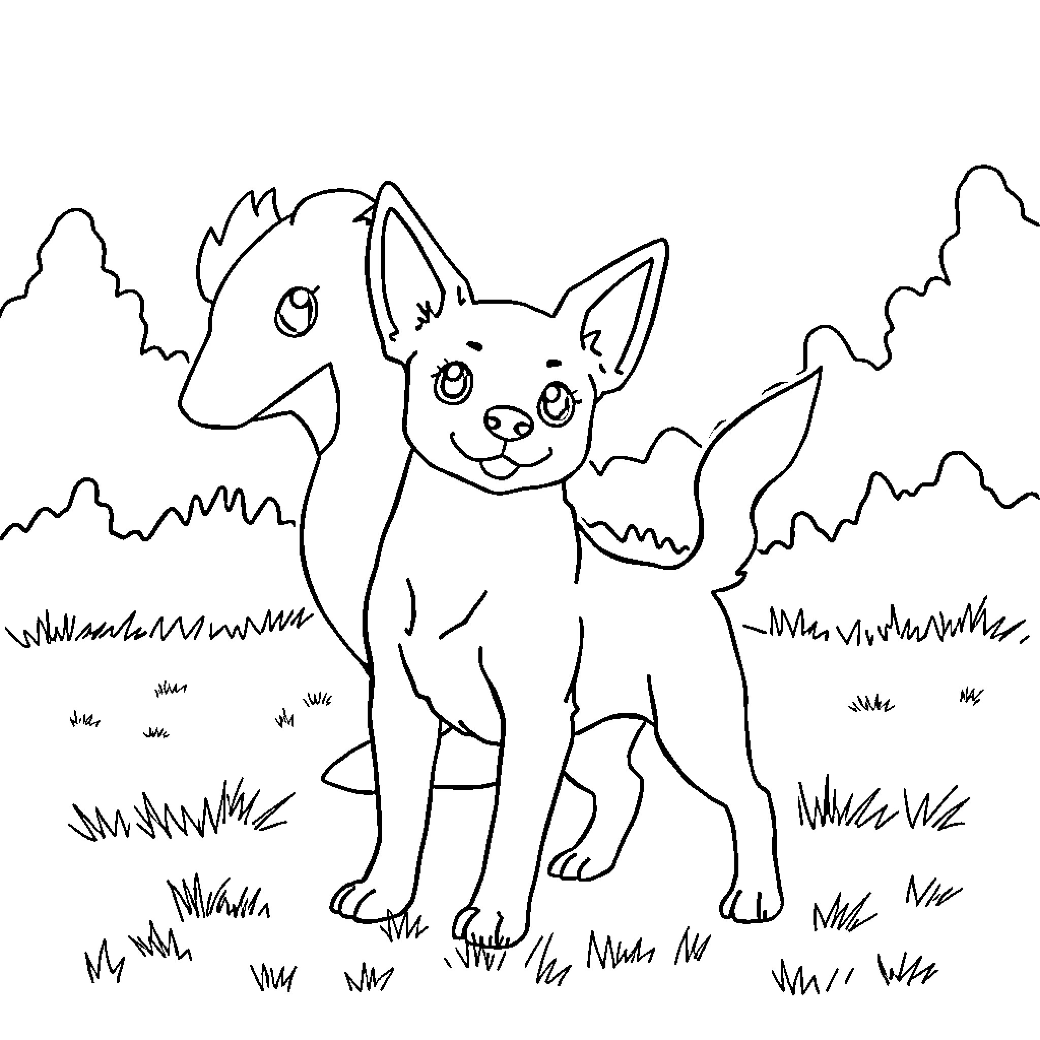 Dog with Bat-like Features Exploring Nature Coloring Page (free black-and-white line drawing printable PDF for all, from beginners to advanced learners, including children, teens, adults, and seniors)