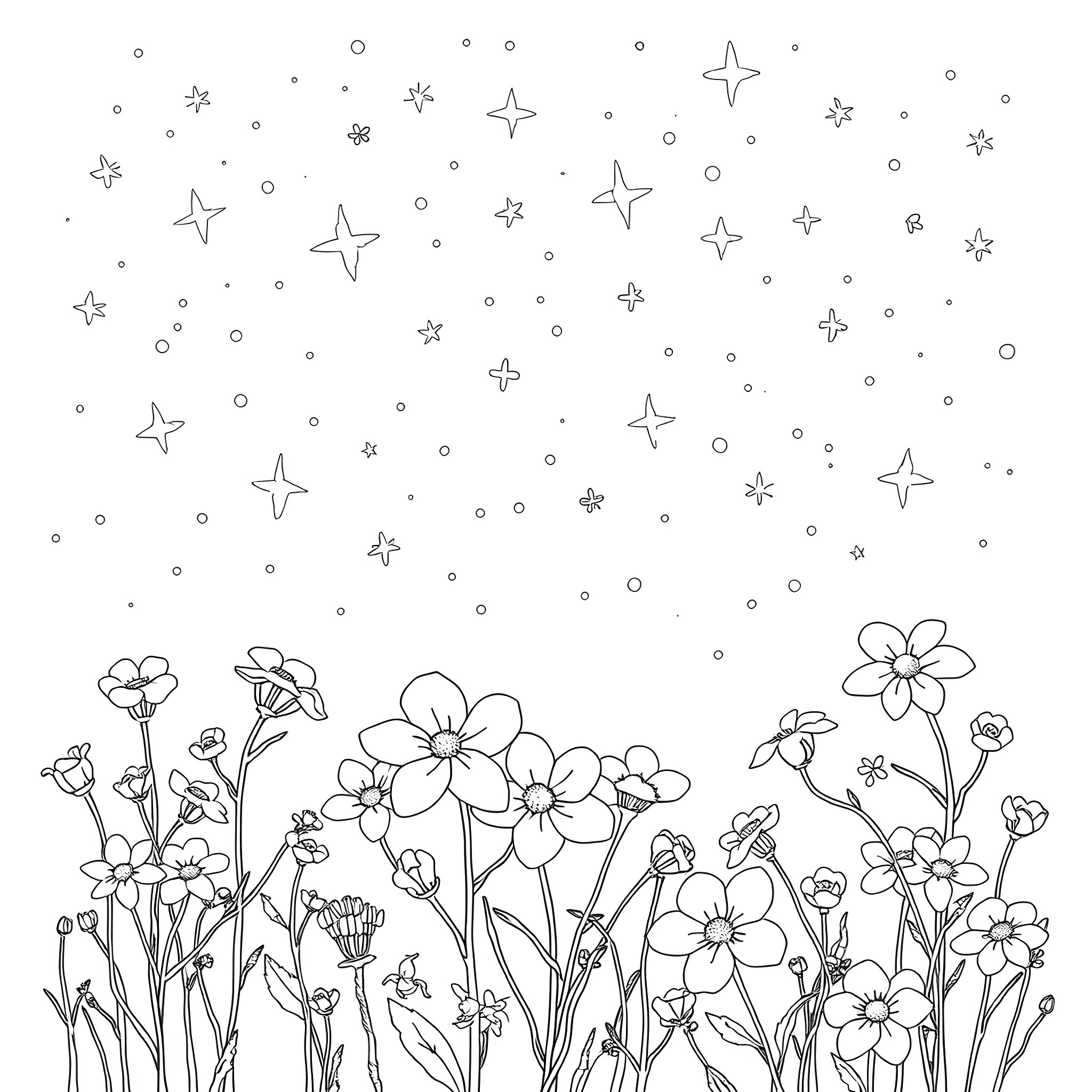 Star flowers blooming in the night sky Coloring Page (free black-and-white line drawing printable PDF for all, from beginners to advanced learners, including children, teens, adults, and seniors)