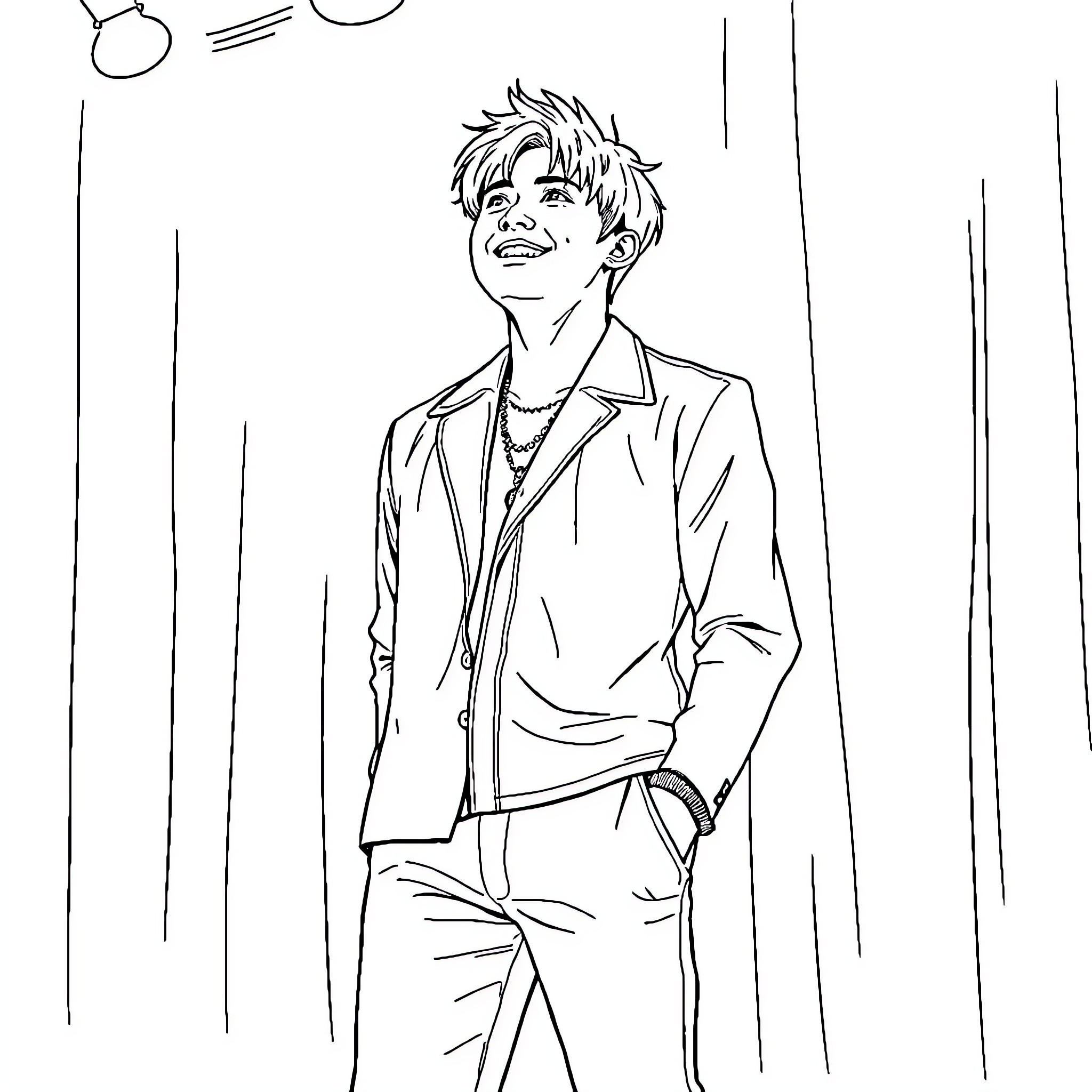 Yunho smiling and posing in a casual outfit Coloring Page (free black-and-white line drawing printable PDF for all, from beginners to advanced learners, including children, teens, adults, and seniors)
