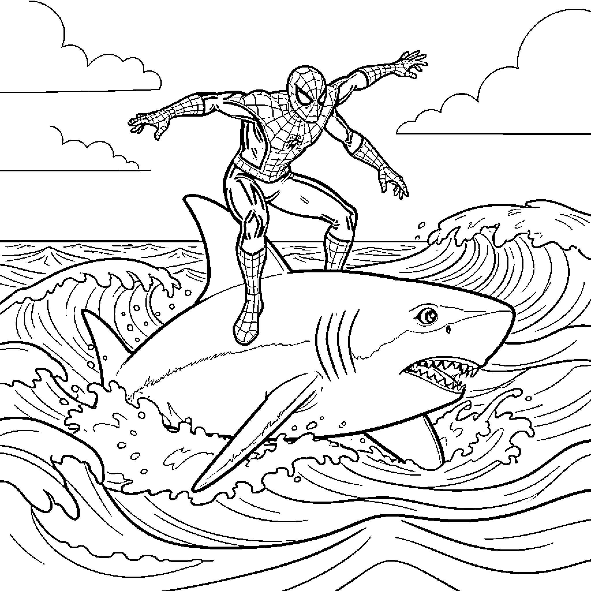 Spider-Man soaring over ocean waves and sharks Coloring Page (free black-and-white line drawing printable PDF for all, from beginners to advanced learners, including children, teens, adults, and seniors)