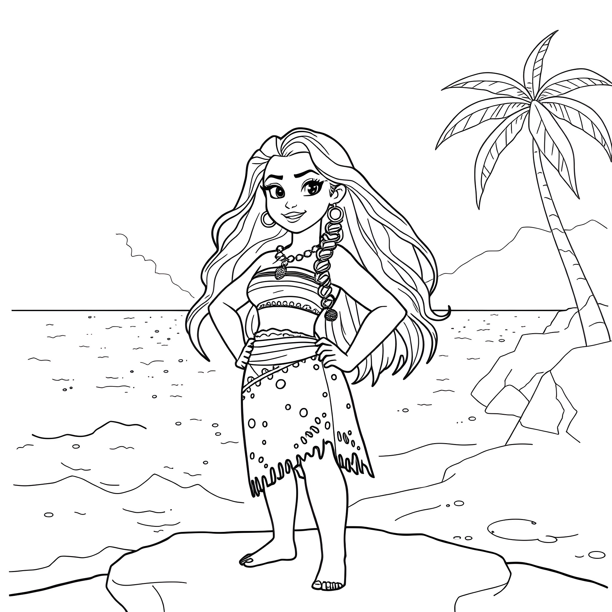 Moana exploring the tropical beach scenery Coloring Page (free black-and-white line drawing printable PDF for all, from beginners to advanced learners, including children, teens, adults, and seniors)
