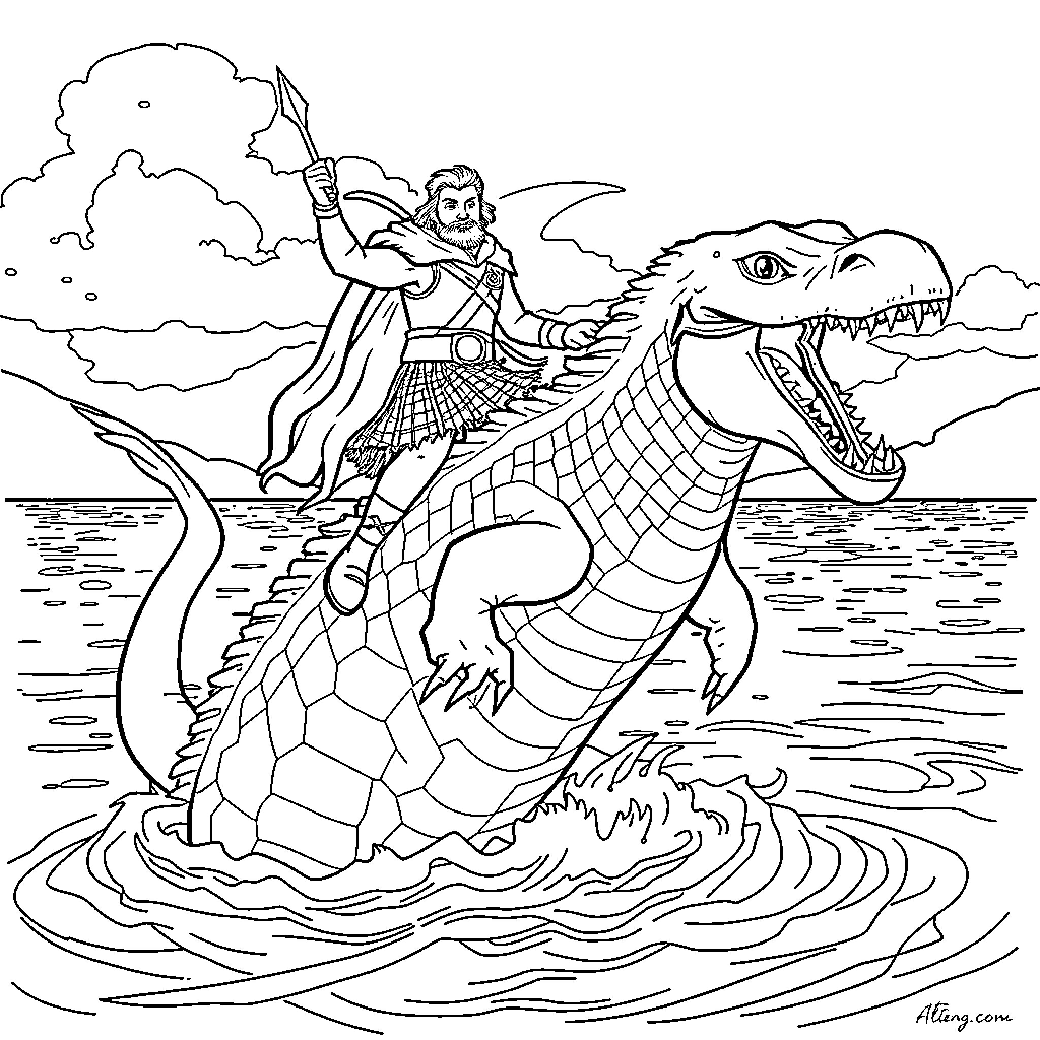 Warrior riding a ferocious sea dragon Coloring Page (free black-and-white line drawing printable PDF for all, from beginners to advanced learners, including children, teens, adults, and seniors)