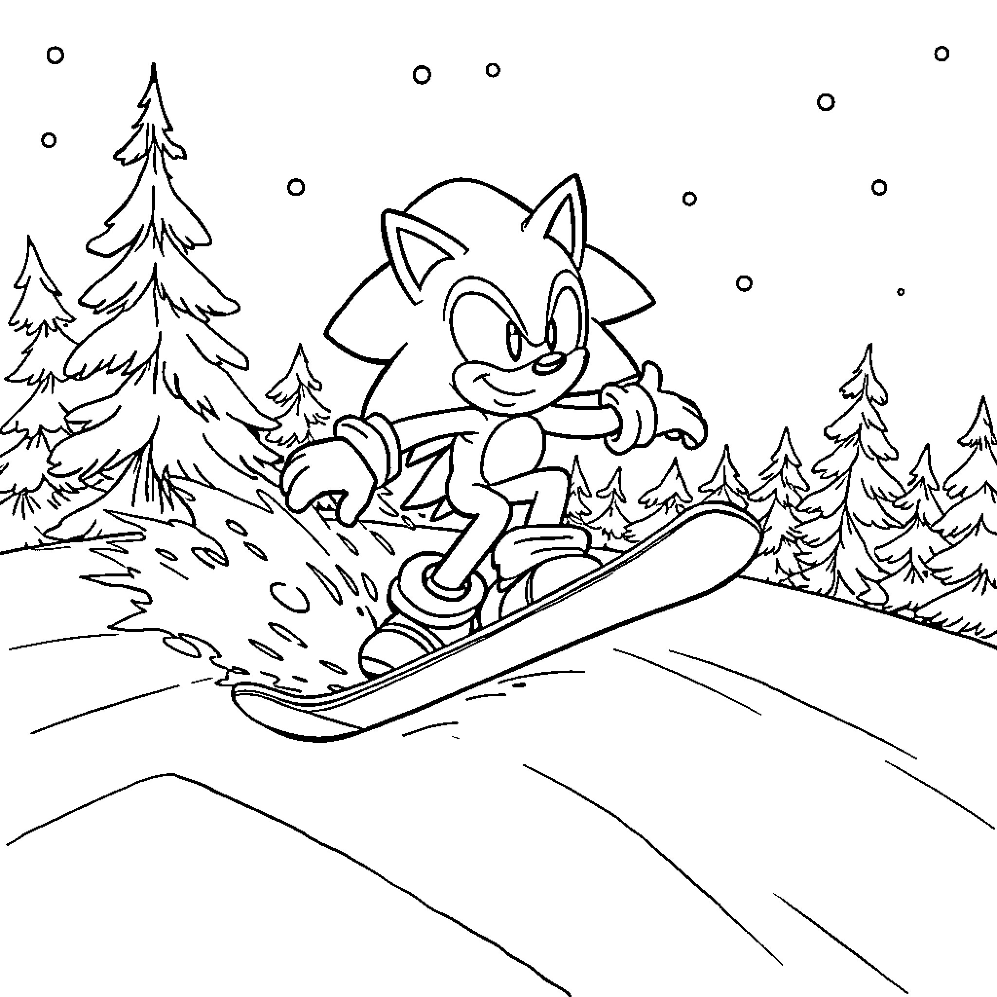 Sonic snowboarding through the snowy forest Coloring Page (free black-and-white line drawing printable PDF for all, from beginners to advanced learners, including children, teens, adults, and seniors)