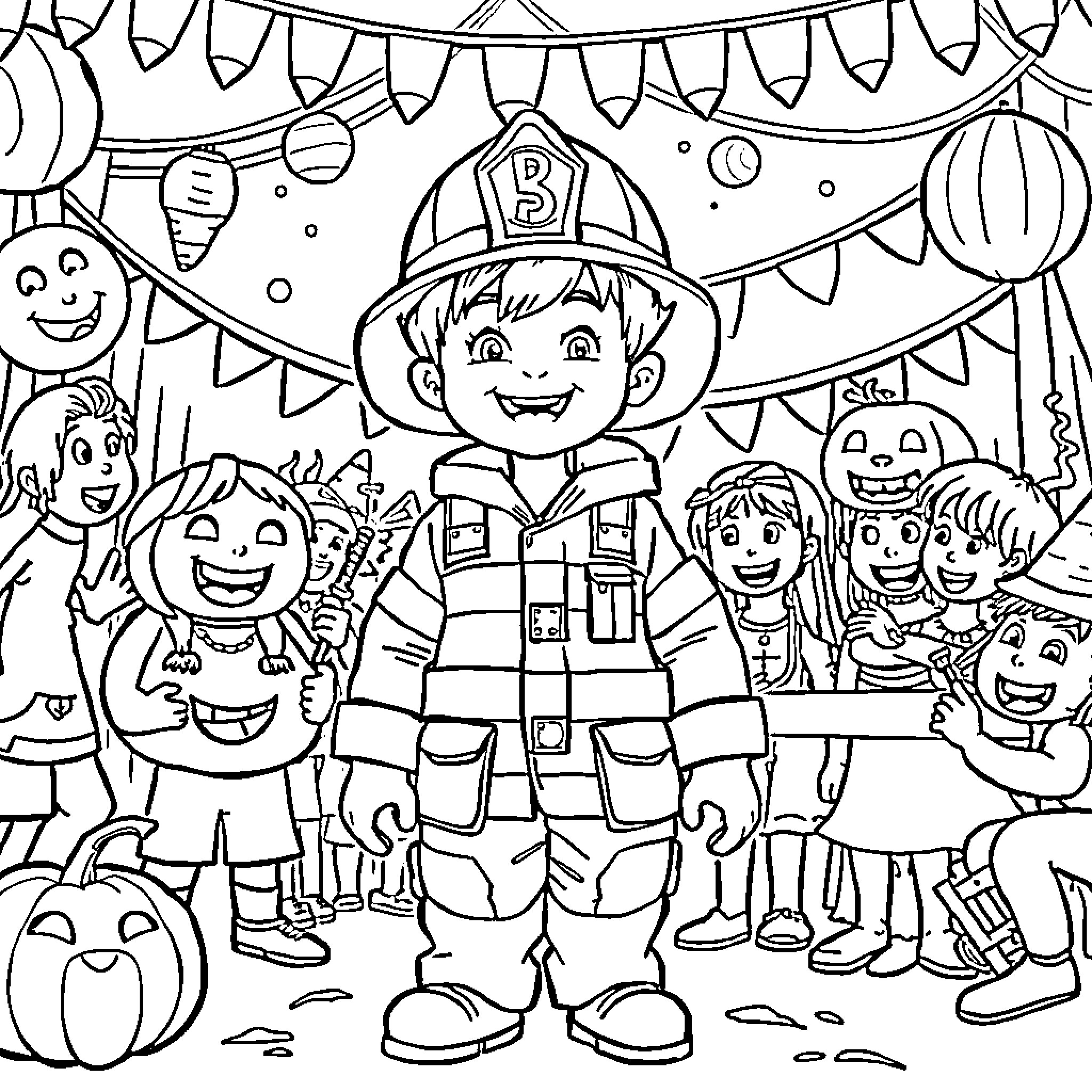 Fireman celebrating with children at a festive party Coloring Page (free black-and-white line drawing printable PDF for all, from beginners to advanced learners, including children, teens, adults, and seniors)
