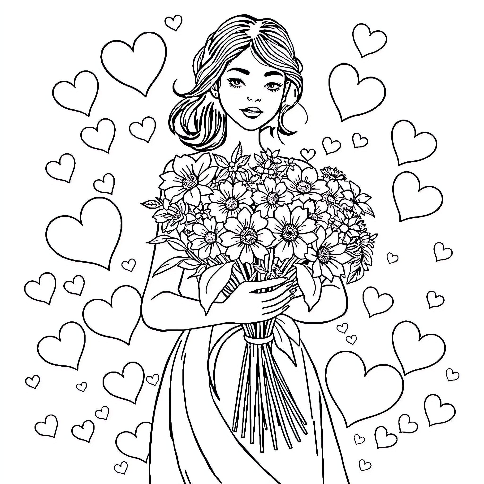Lady holding a bouquet of flowers surrounded by hearts Coloring Page (free black-and-white line drawing printable PDF for all, from beginners to advanced learners, including children, teens, adults, and seniors)