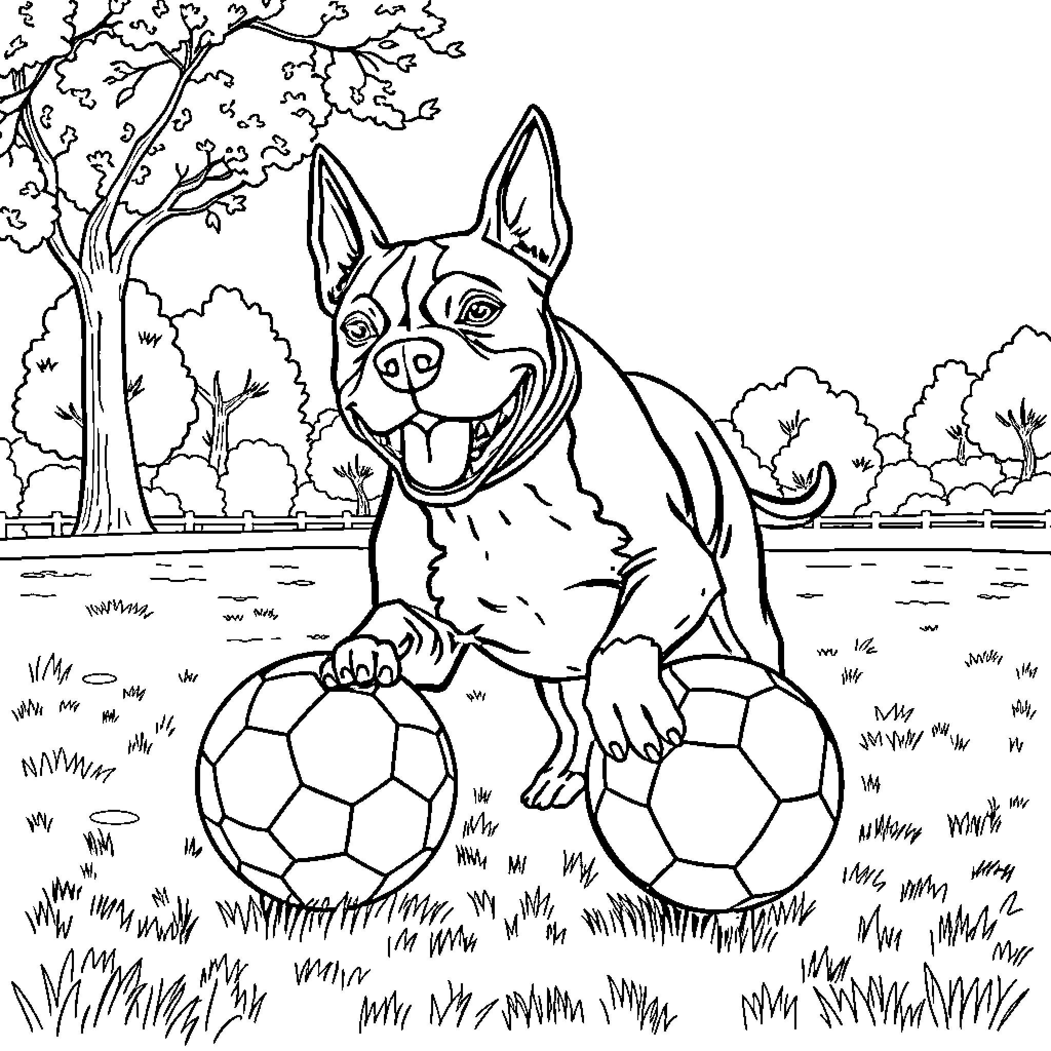 Pitbull playing joyfully with soccer balls in park Coloring Page (free black-and-white line drawing printable PDF for all, from beginners to advanced learners, including children, teens, adults, and seniors)