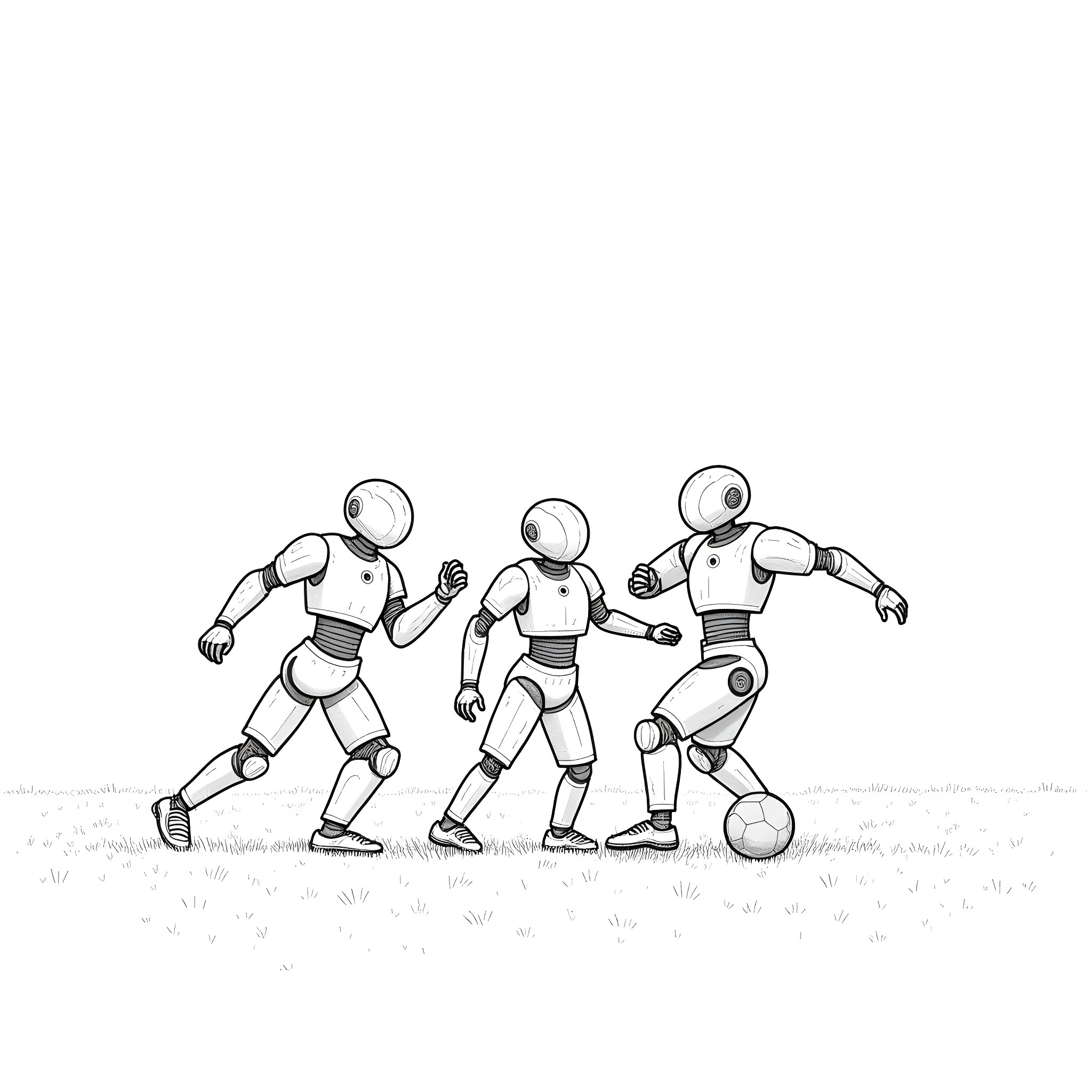 Robot team playing soccer on the field Coloring Page (free black-and-white line drawing printable PDF for all, from beginners to advanced learners, including children, teens, adults, and seniors)