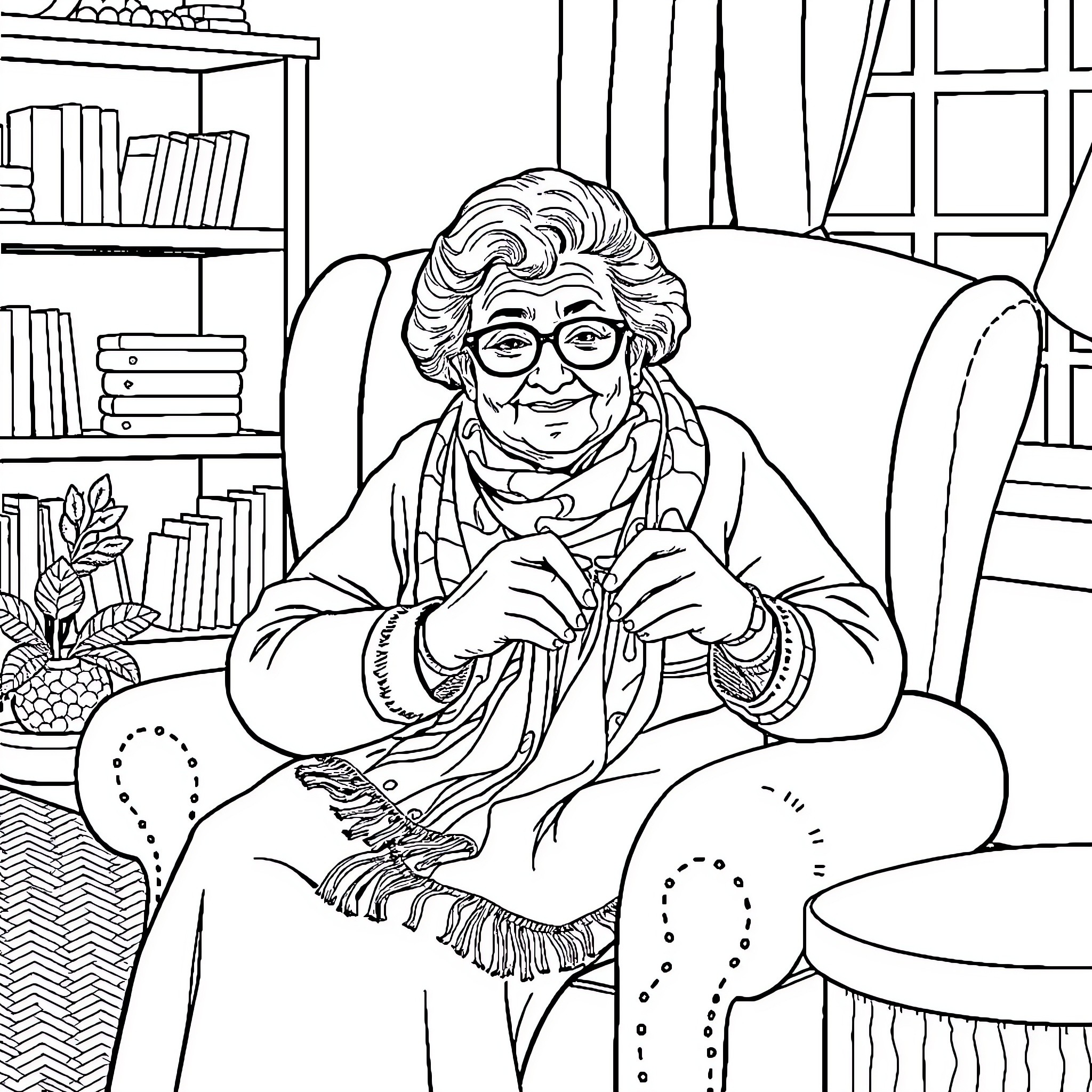 Ariana knitting in a cozy home setting Coloring Page (free black-and-white line drawing printable PDF for all, from beginners to advanced learners, including children, teens, adults, and seniors)