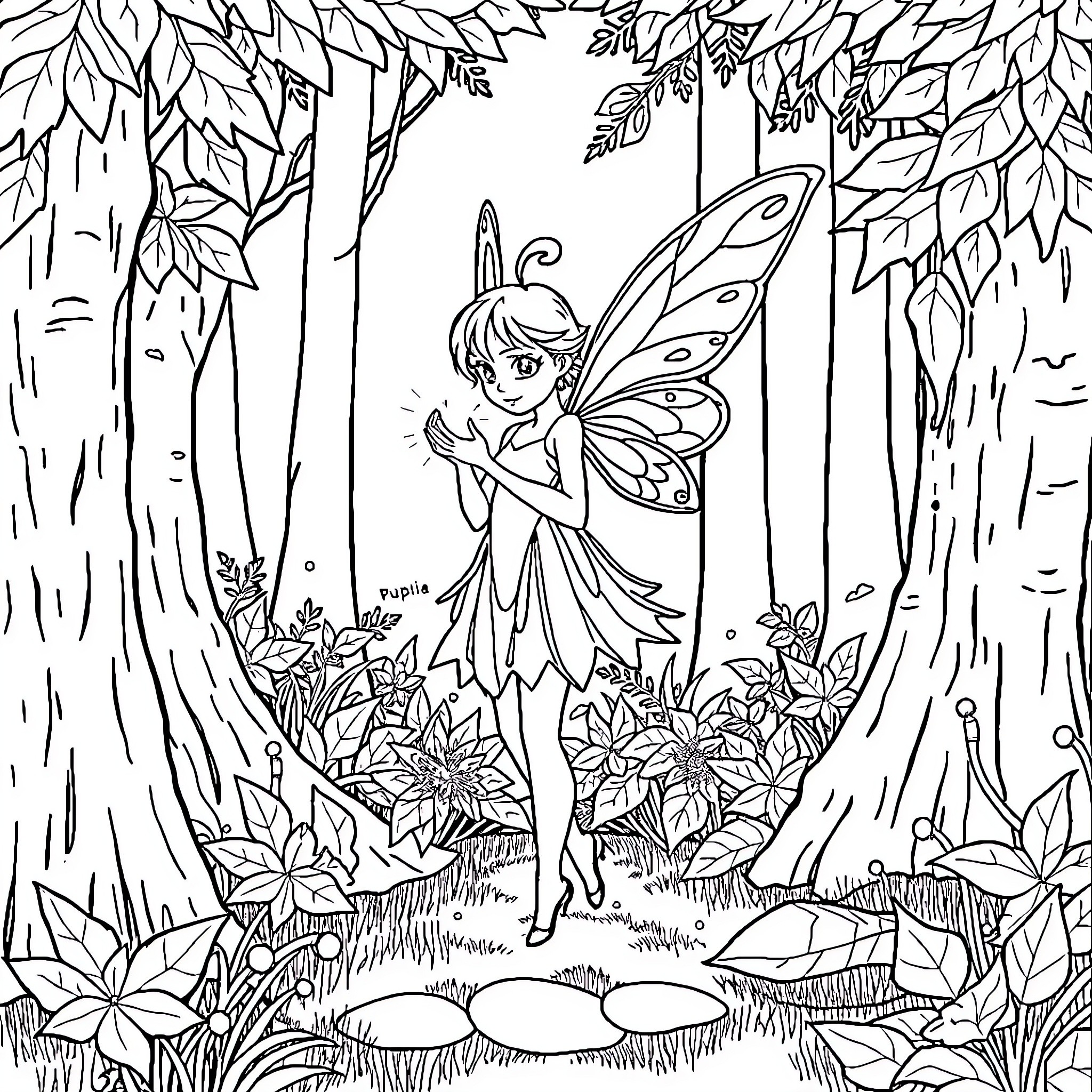 Fairy exploring the enchanted forest Coloring Page (free black-and-white line drawing printable PDF for all, from beginners to advanced learners, including children, teens, adults, and seniors)
