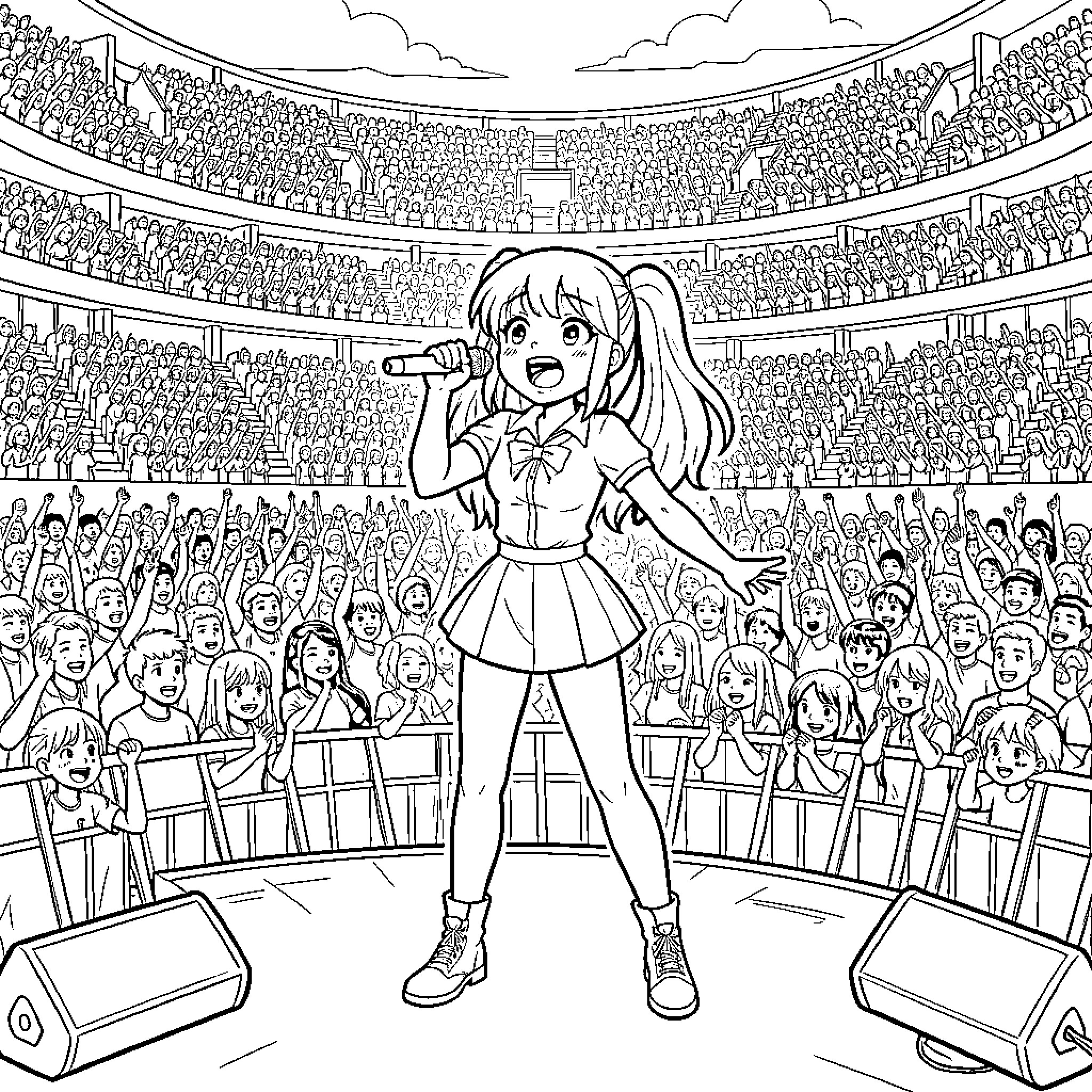 Katseye performing on stage singing to a large crowd Coloring Page (free black-and-white line drawing printable PDF for all, from beginners to advanced learners, including children, teens, adults, and seniors)