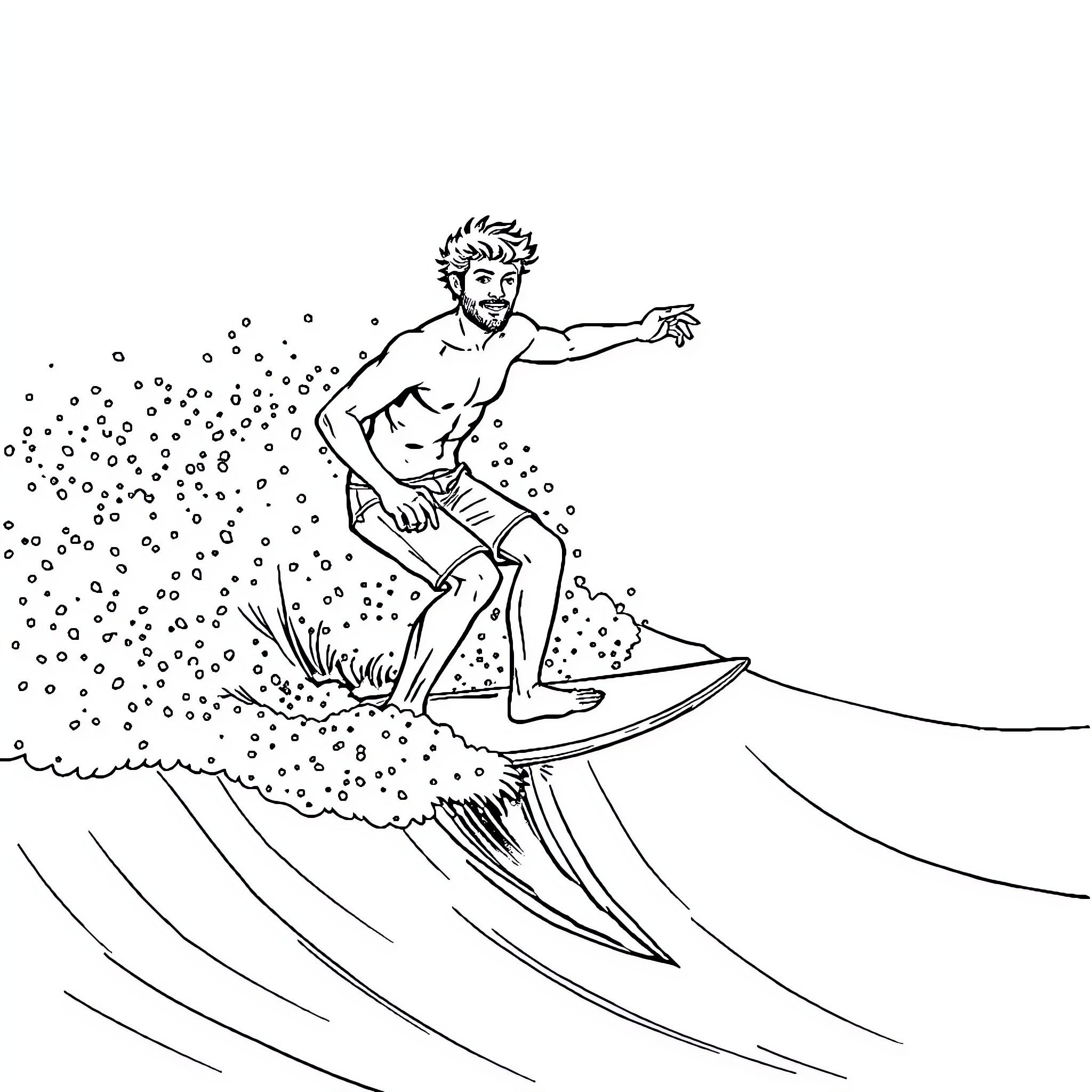 Barman riding the waves with surfer's stance Coloring Page (free black-and-white line drawing printable PDF for all, from beginners to advanced learners, including children, teens, adults, and seniors)