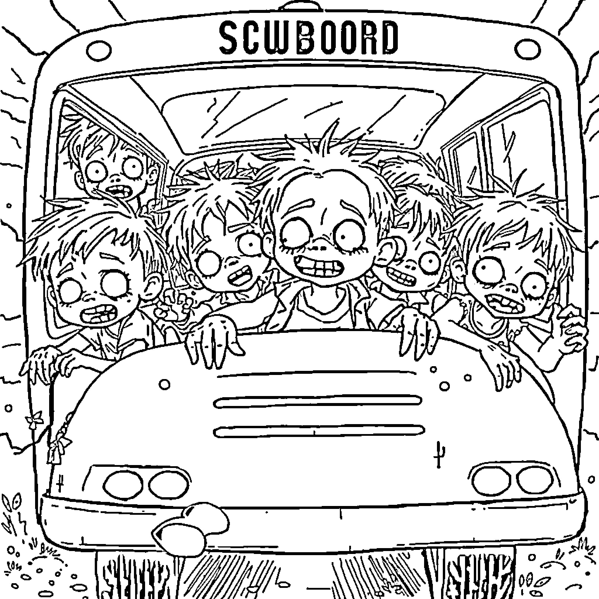 Zombie children in a school bus Coloring Page (free black-and-white line drawing printable PDF for all, from beginners to advanced learners, including children, teens, adults, and seniors)