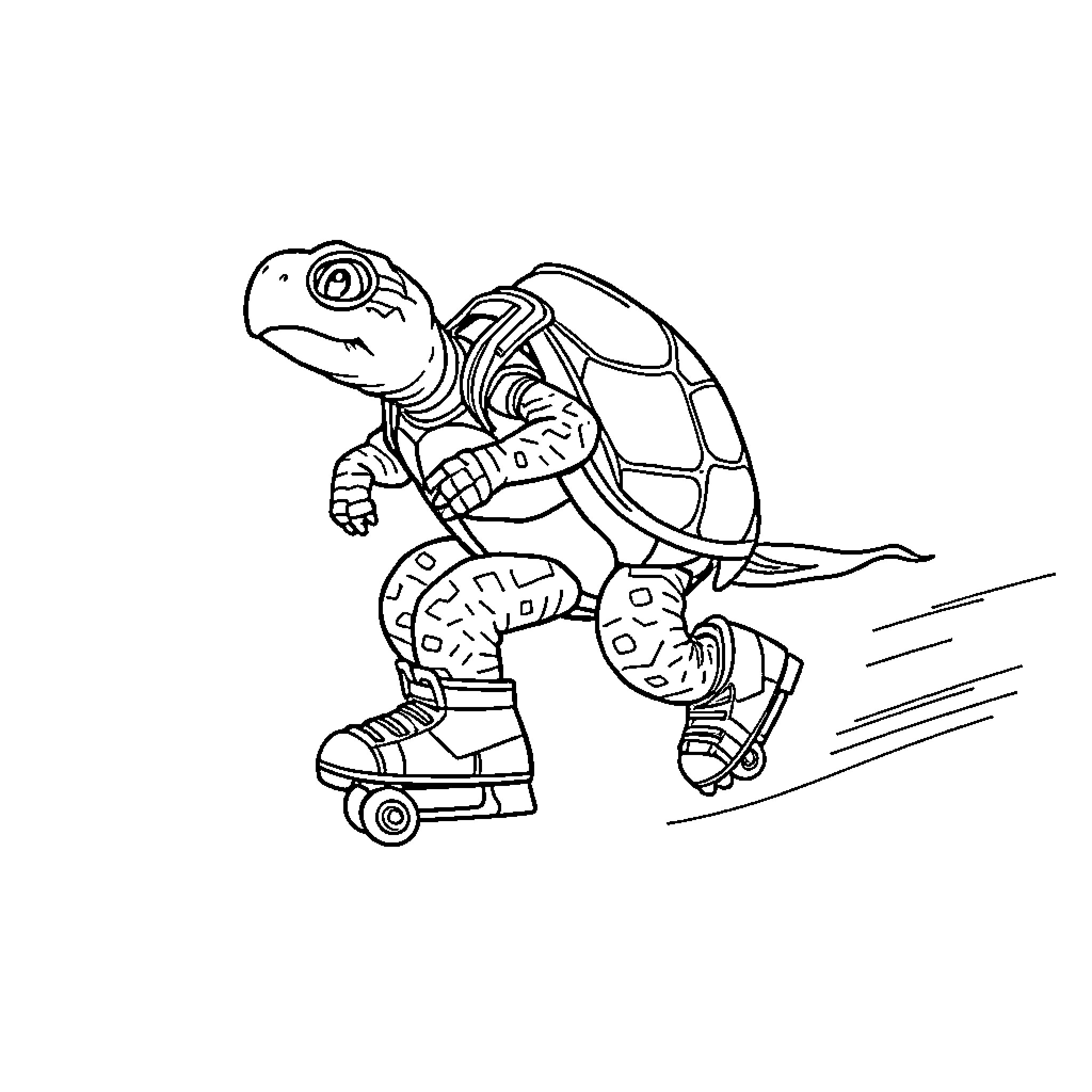 Turtle riding a skateboard Coloring Page (free black-and-white line drawing printable PDF for all, from beginners to advanced learners, including children, teens, adults, and seniors)