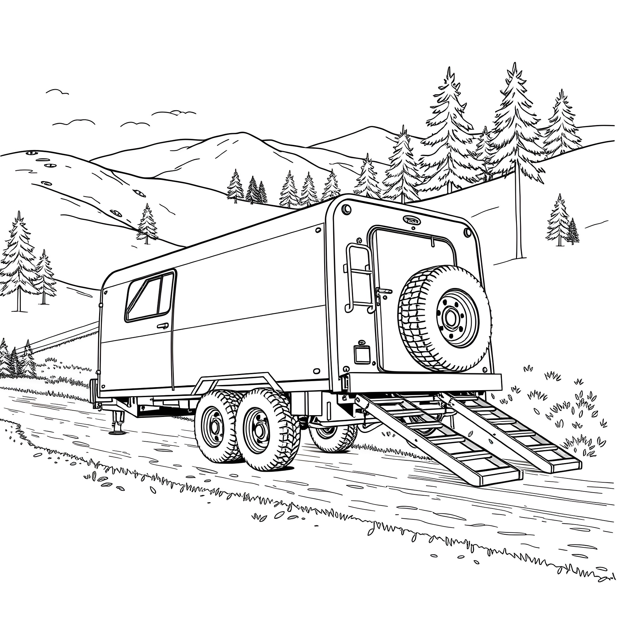Car Trailer Transporting Goods Through Mountainous Landscape Coloring Page (free black-and-white line drawing printable PDF for all, from beginners to advanced learners, including children, teens, adults, and seniors)