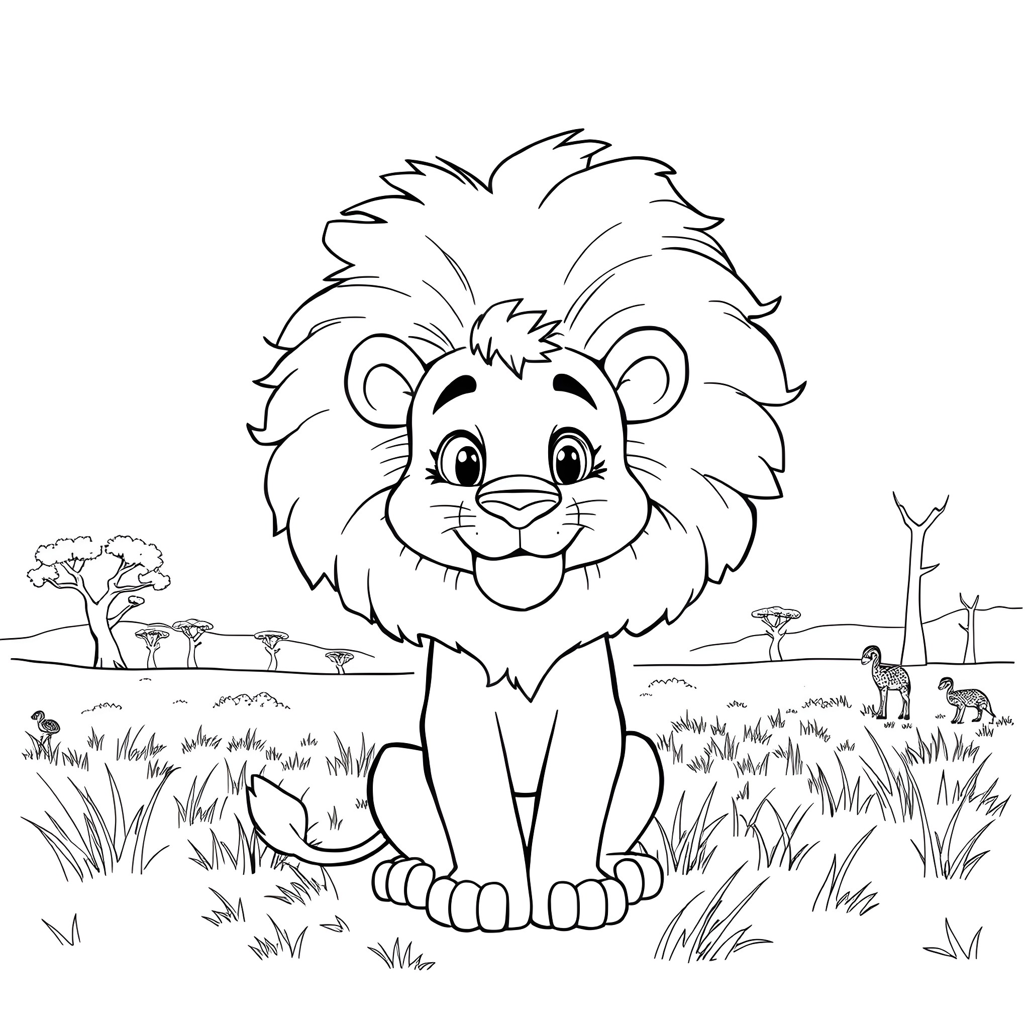 Lion smiling happily in the African savanna Coloring Page (free black-and-white line drawing printable PDF for all, from beginners to advanced learners, including children, teens, adults, and seniors)