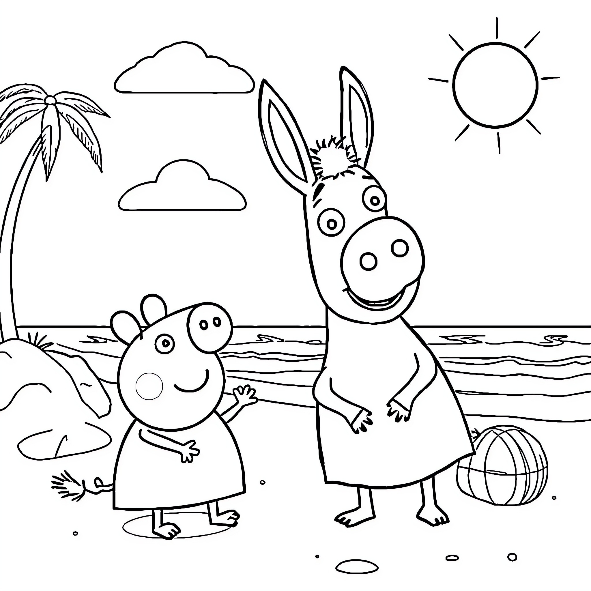 Trotro and Friends Enjoy a Day at the Beach Coloring Page (free black-and-white line drawing printable PDF for all, from beginners to advanced learners, including children, teens, adults, and seniors)