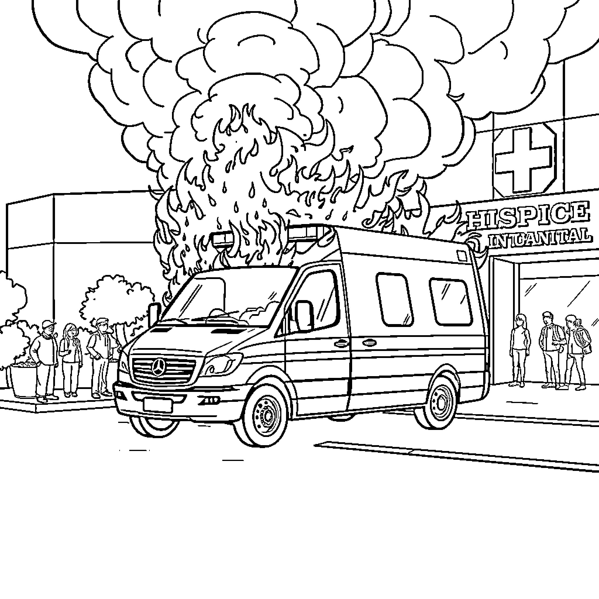 Ambulance responding to emergency incident Coloring Page (free black-and-white line drawing printable PDF for all, from beginners to advanced learners, including children, teens, adults, and seniors)